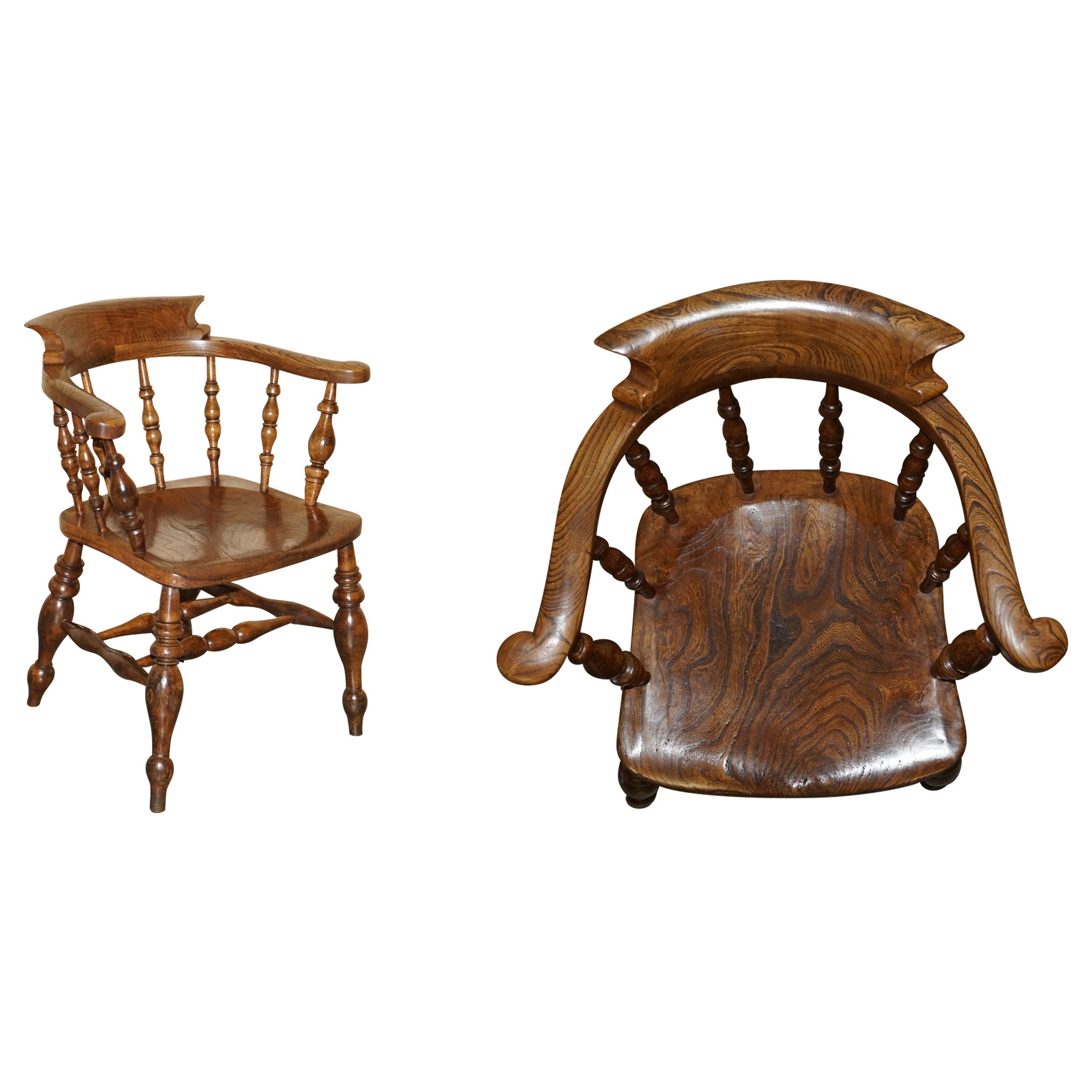 Dekorative Patina Antiker edwardianischer Kapitäns-Sessel aus Ulmenholz mit Bogenrückenlehne
