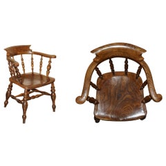 Decorative Patina Antique Edwardian Sold Elm Bow Back Smokers Captains Armchair
