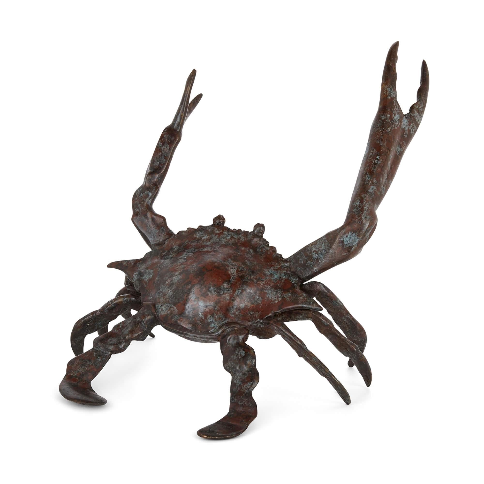 Decorative patinated bronze model of a crab 
Continental, Early 20th Century  
Height 22cm, width 32cm, depth 22cm 

This large crustacean model is a beautifully made early 20th century piece, wrought from patinated bronze to depict an animated