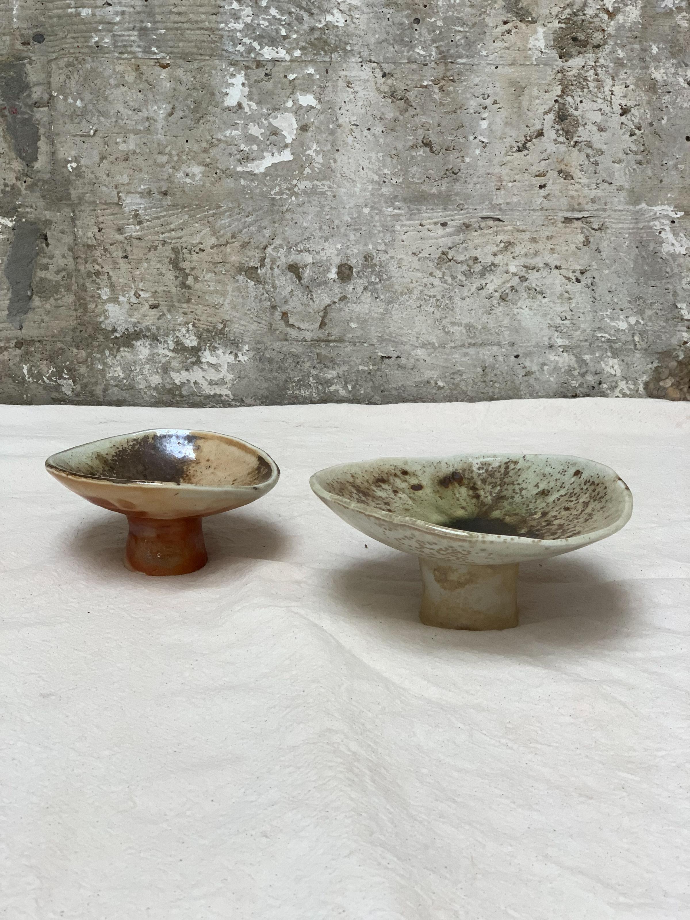Hand-Crafted Decorative Pedestal Bowls, Hand-Built Wood-Fired Porcelain For Sale