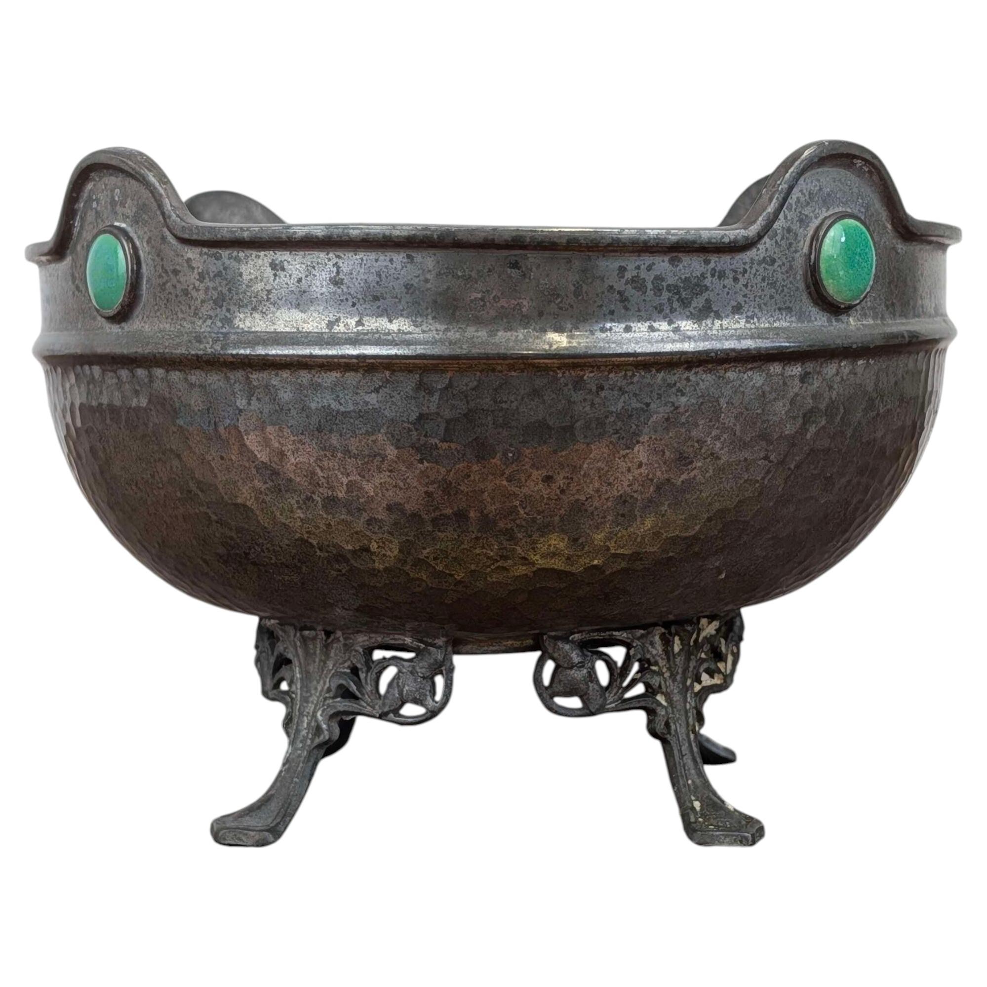 Decorative Pewter Bowl with Green Cabochons, Ashberry, circa 1900 For Sale