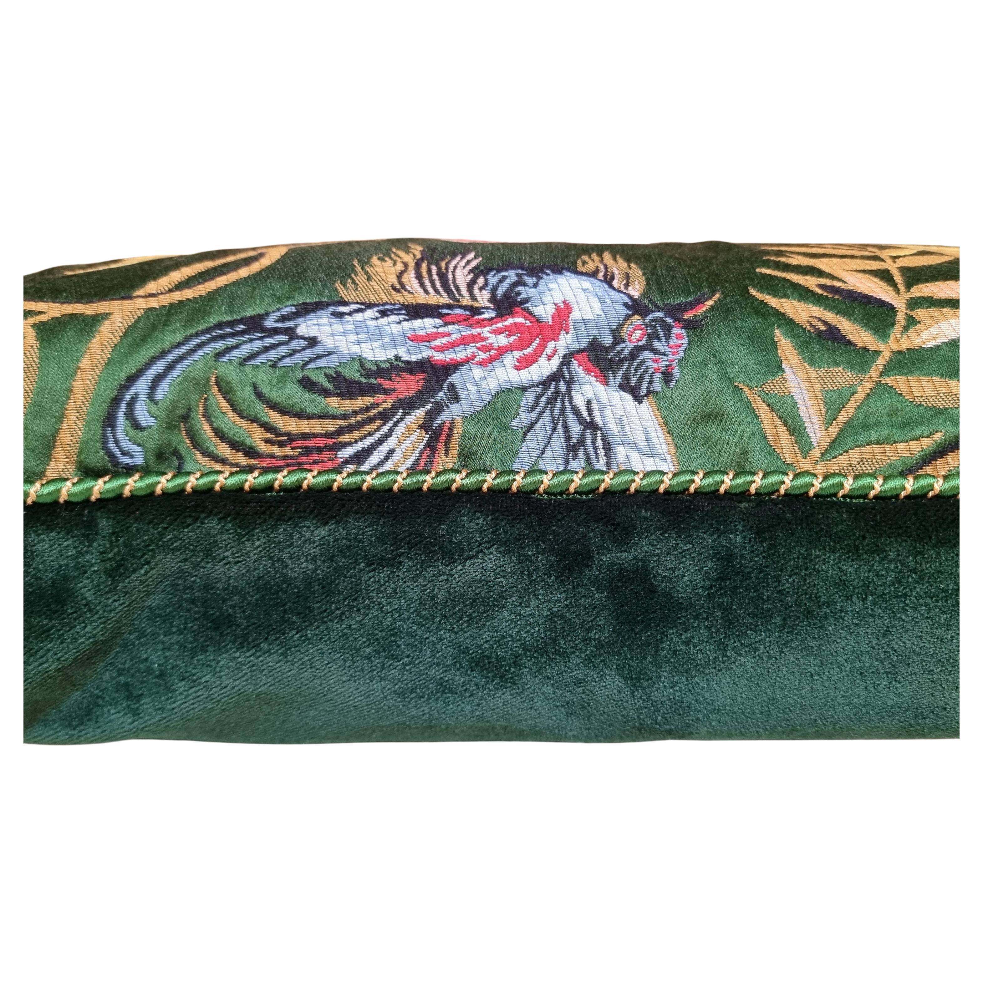 Hand-Crafted Decorative Pillow in Luigi Bevilacqua Silk Lampas Emerald Green Birds Pattern For Sale