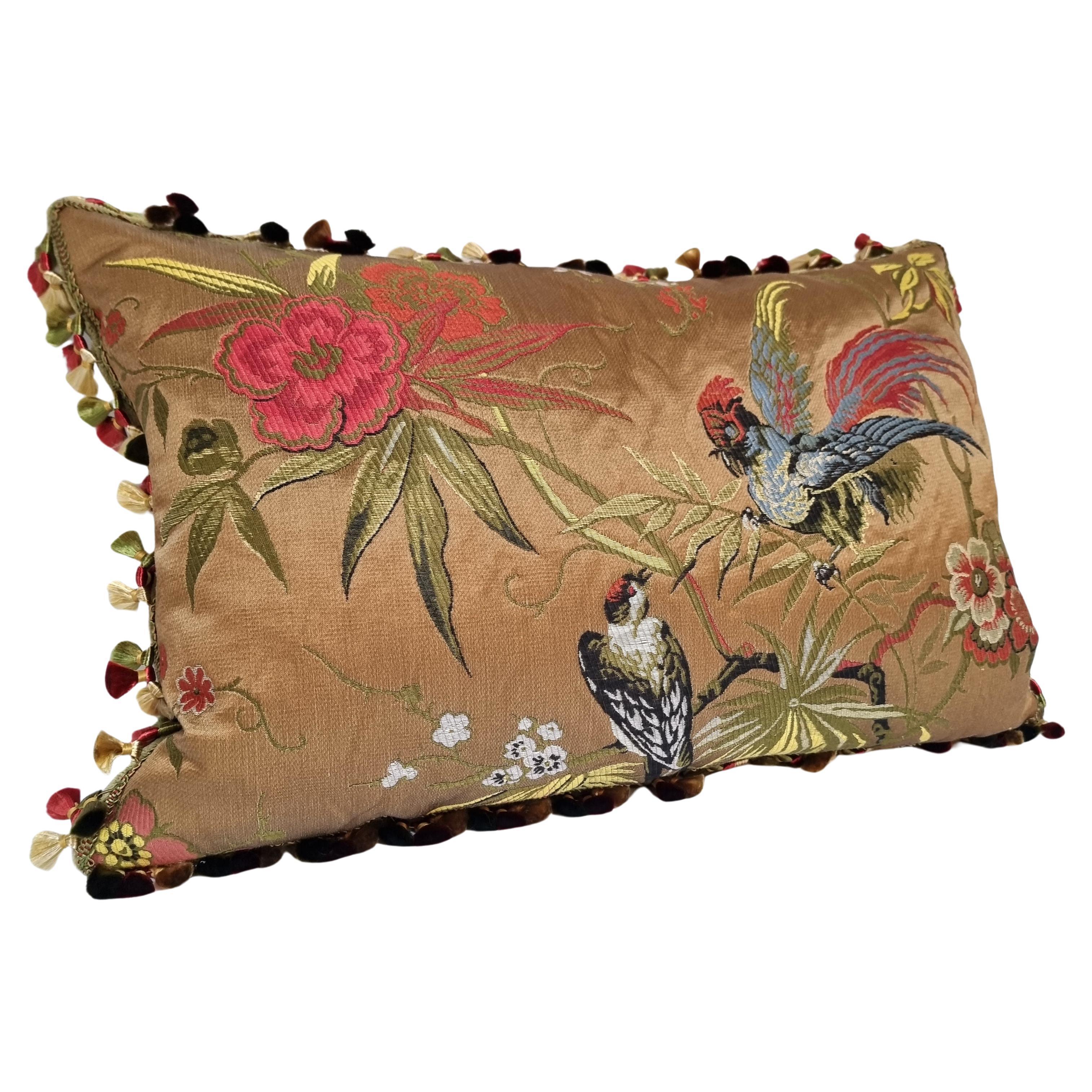 This amazing decorative lumbar pillow is handmade using the hazelnut brown Uccelli Lampas from 