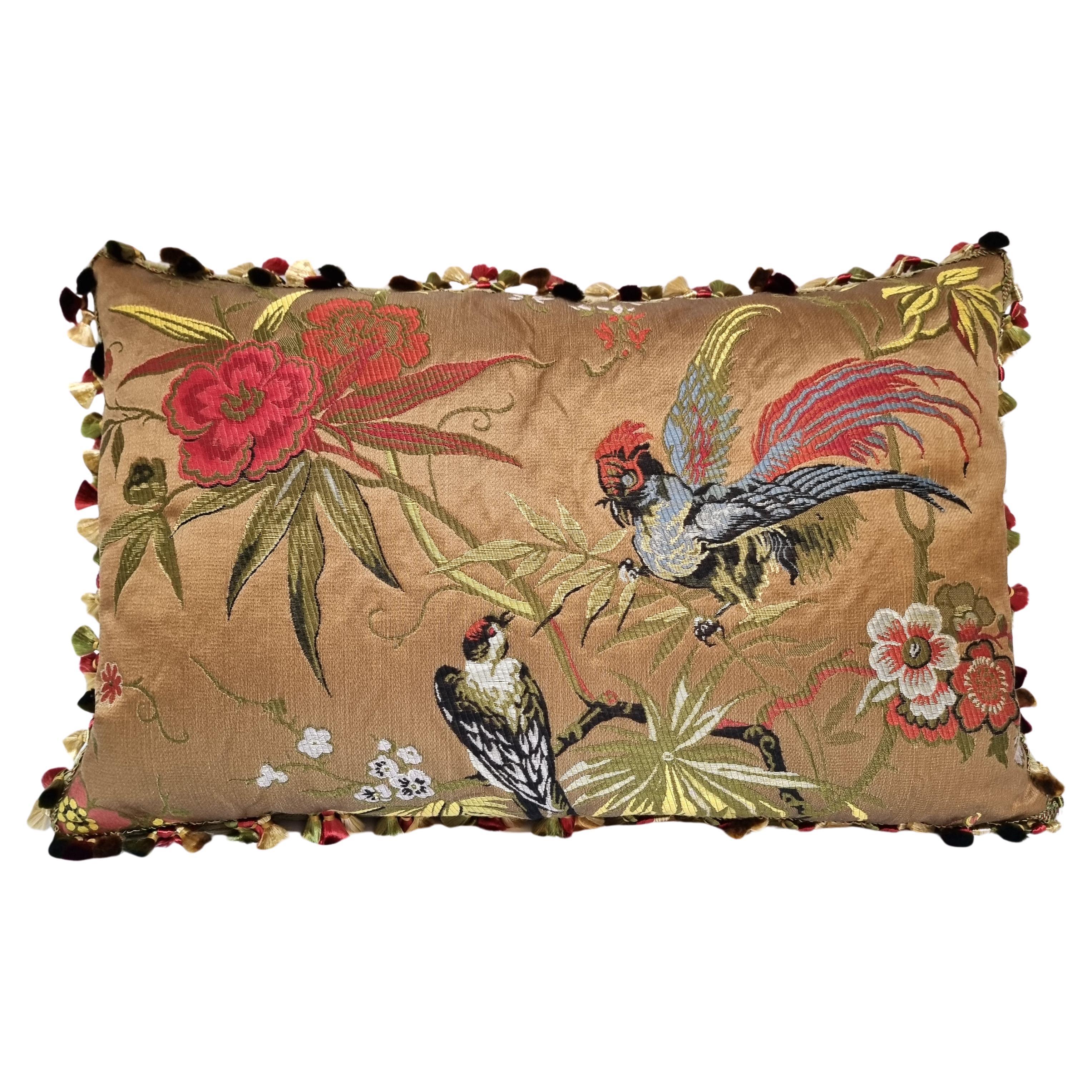 Decorative Pillow in Luigi Bevilacqua Silk Lampas Hazelnut Brown Birds Pattern