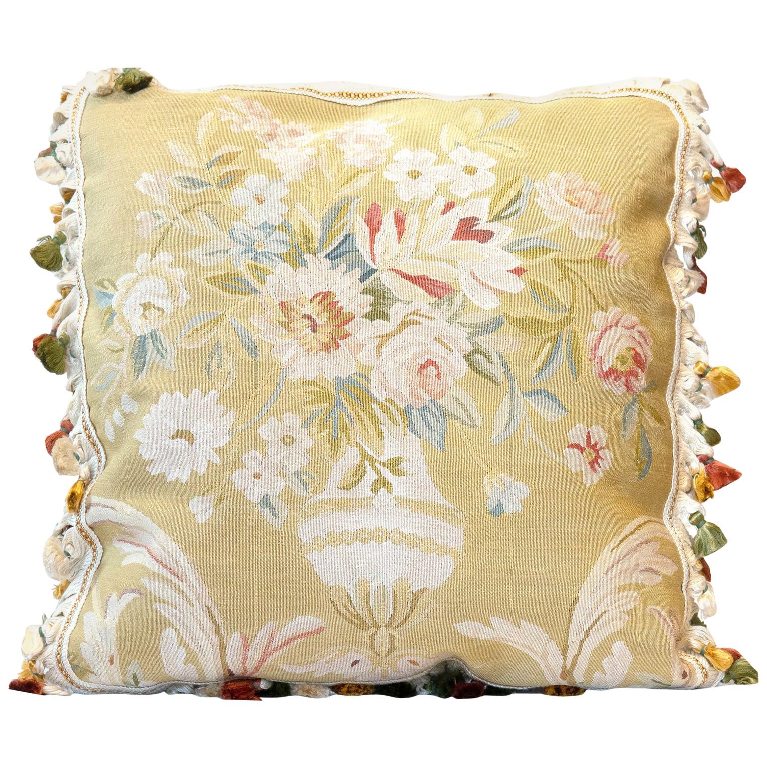 Decorative Pillows, Floral Vintage Pure Silk Aubusson Style Pillow Cushion Cover For Sale