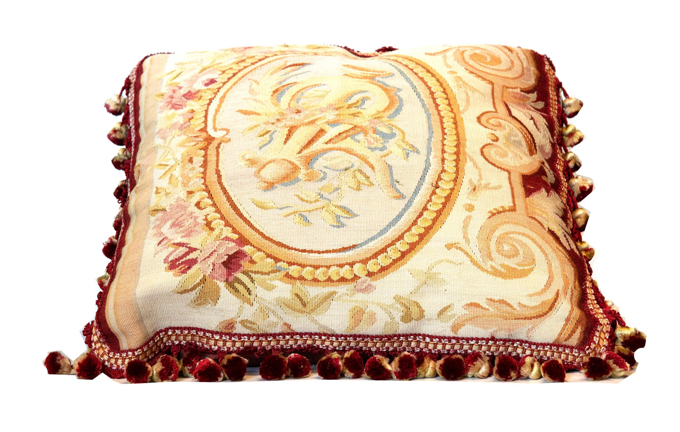 Hand-Knotted French Aubusson Pillow Cushion Cover, French Style Country House Cushion  For Sale