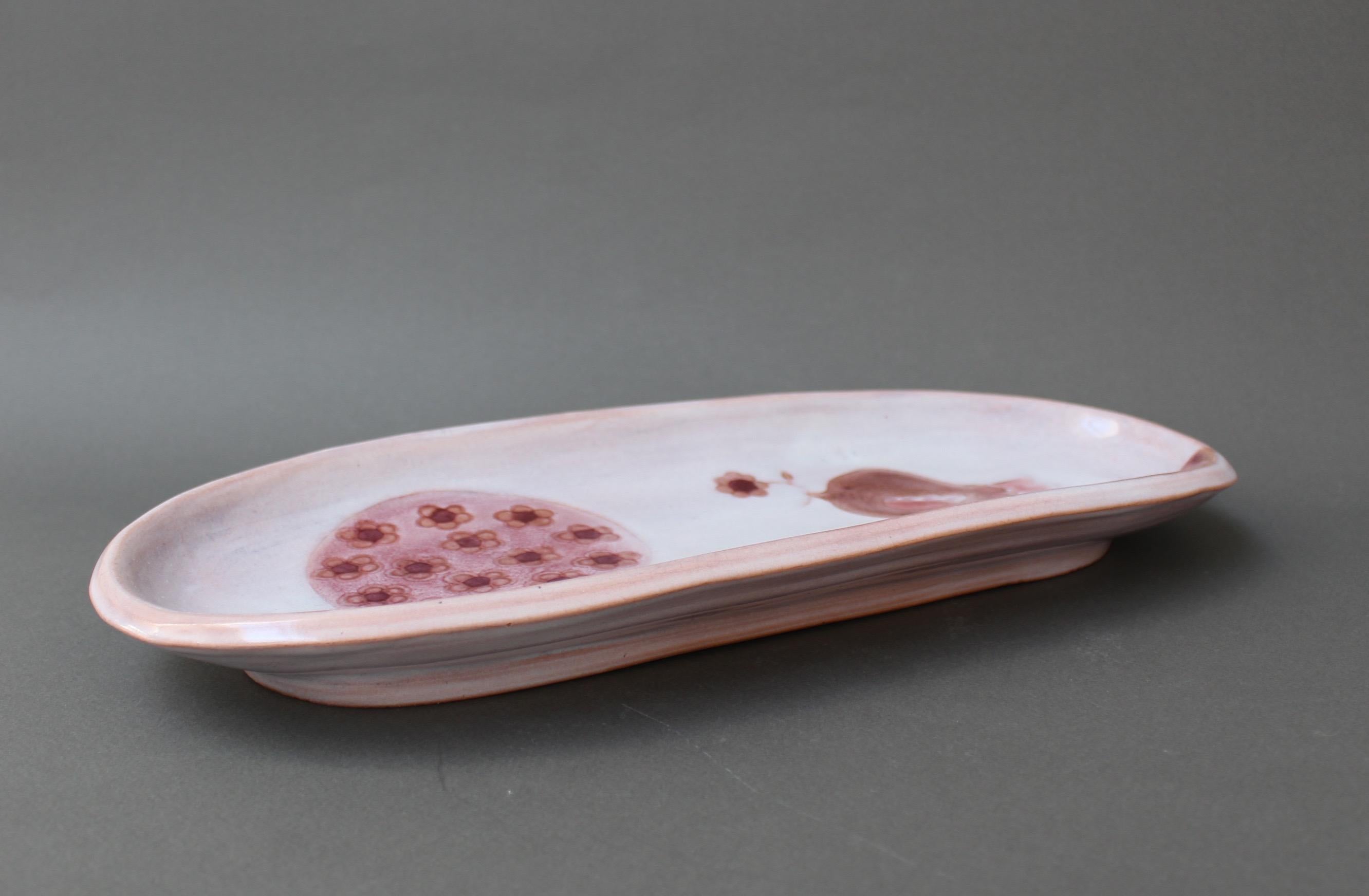Decorative Pink Ceramic Tray by Frères Cloutier with Bird and Tree Motif, 1970s 6