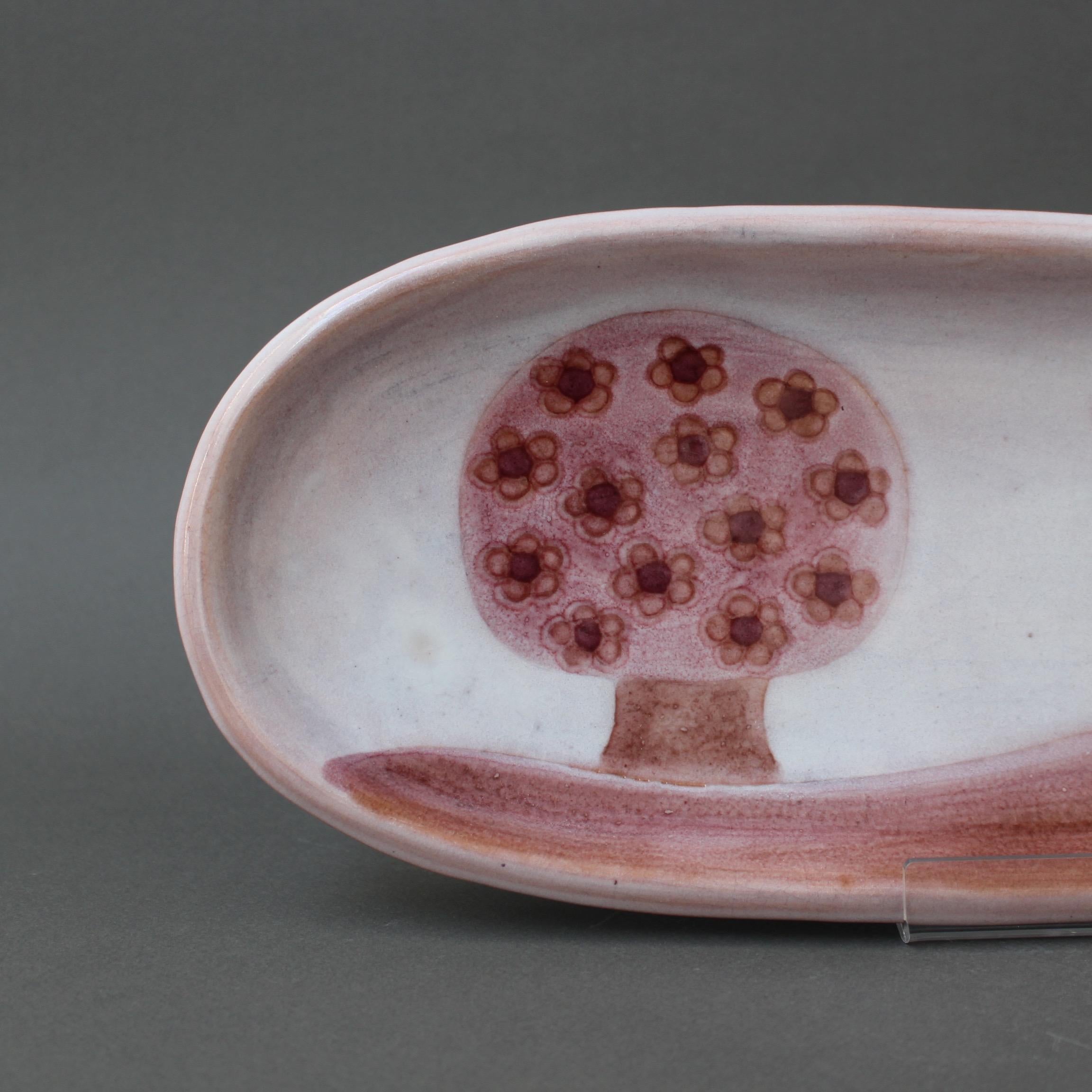 Mid-Century Modern Decorative Pink Ceramic Tray by Frères Cloutier with Bird and Tree Motif, 1970s