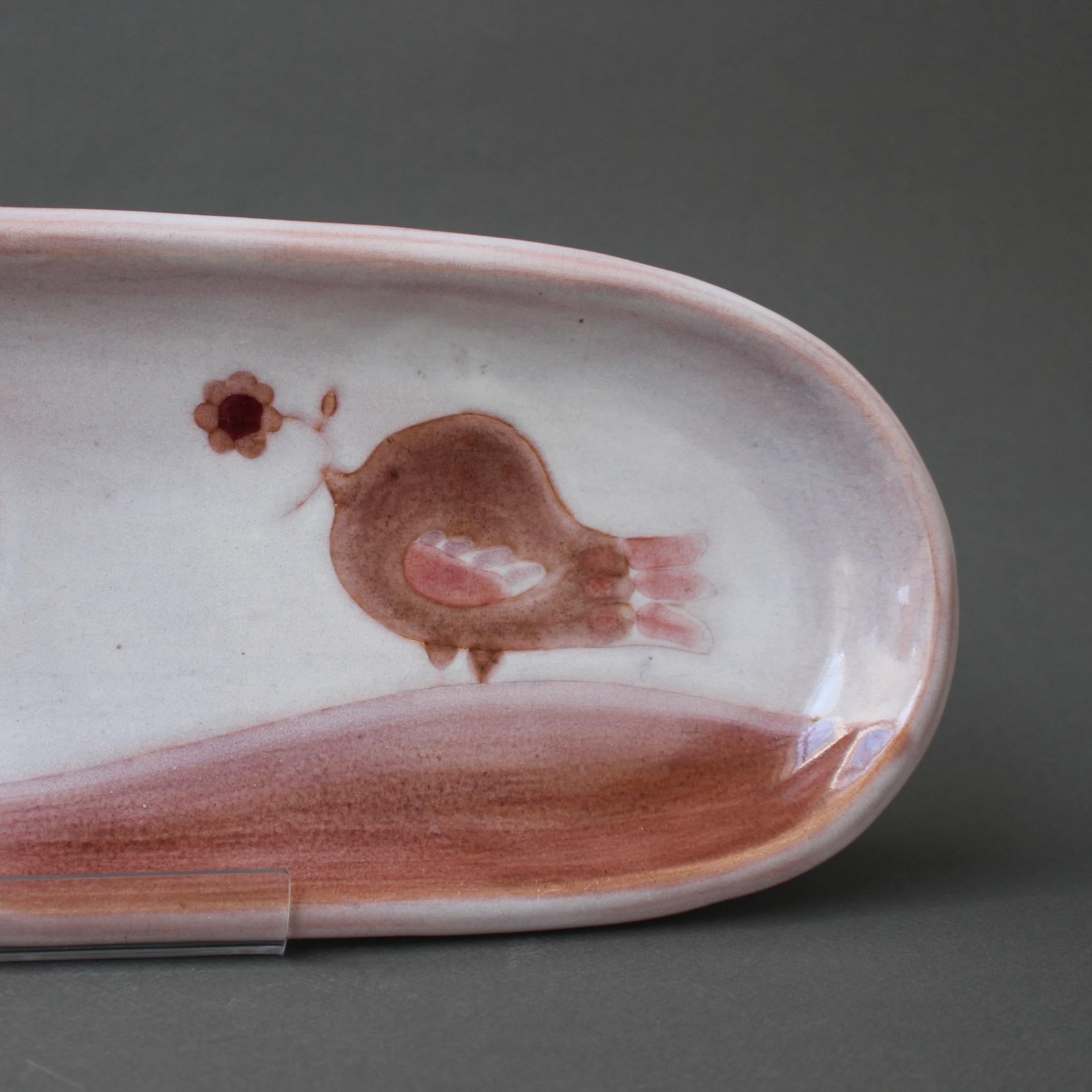 French Decorative Pink Ceramic Tray by Frères Cloutier with Bird and Tree Motif, 1970s