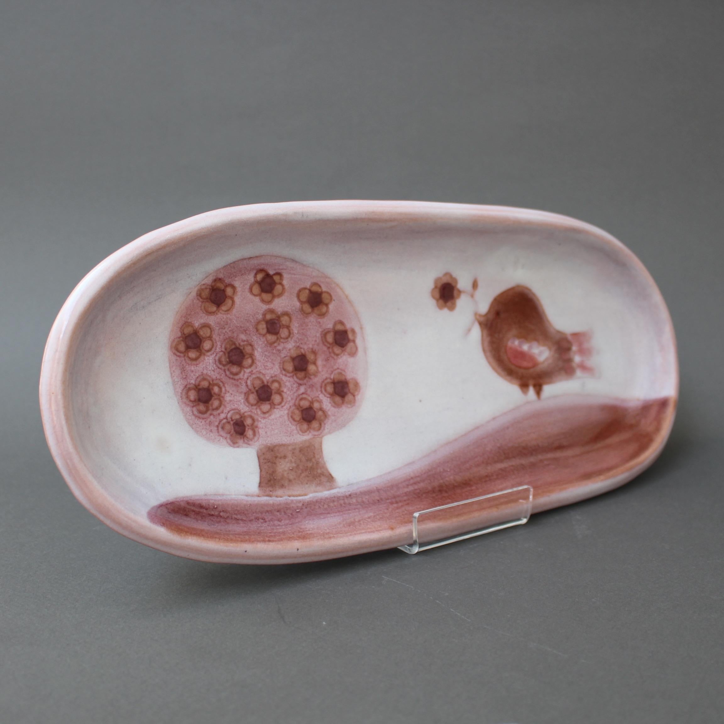 Decorative Pink Ceramic Tray by Frères Cloutier with Bird and Tree Motif, 1970s In Good Condition In London, GB