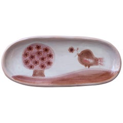 Decorative Pink Ceramic Tray by Frères Cloutier with Bird and Tree Motif, 1970s