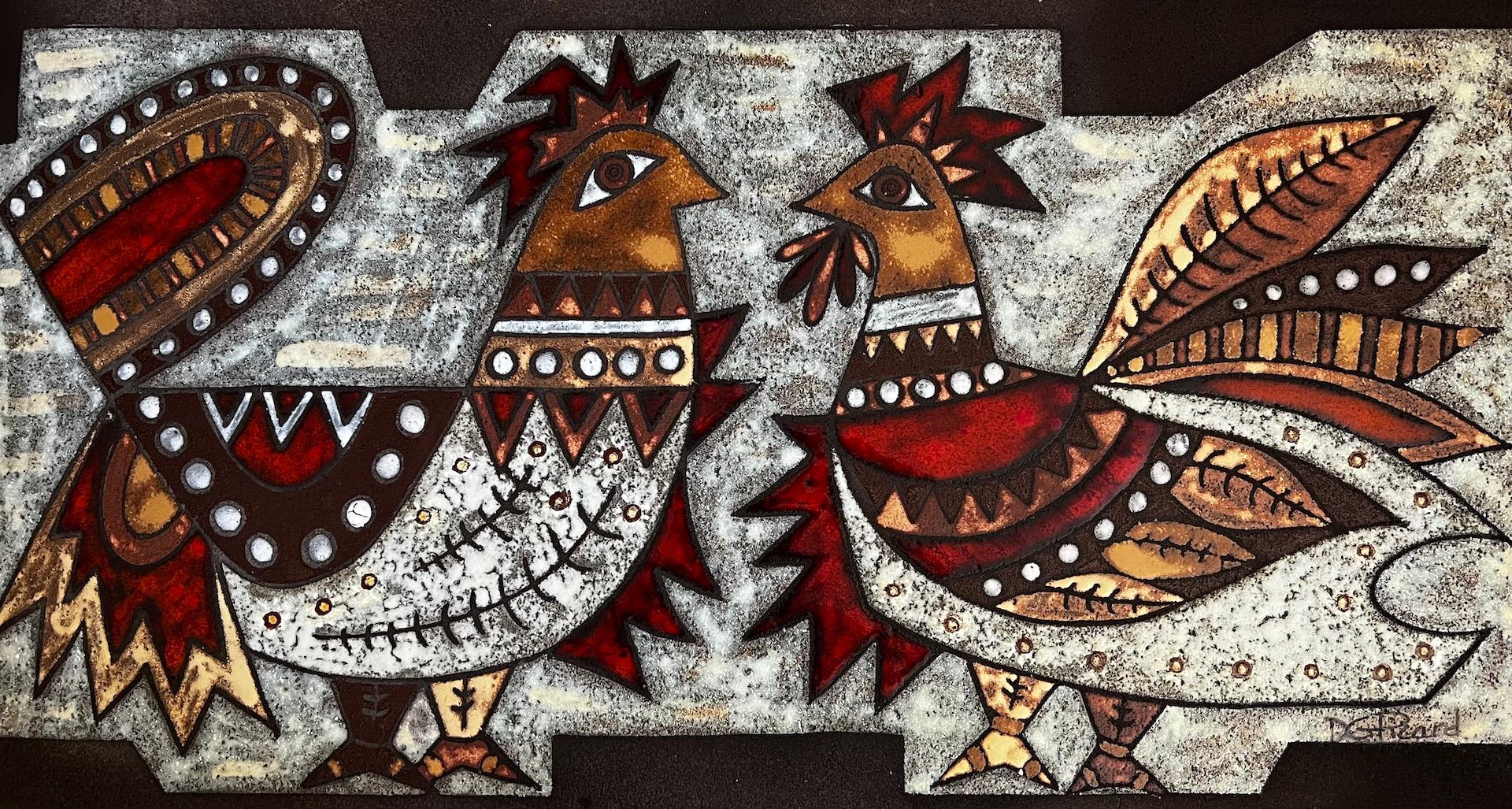 Decorative plaque by Max and Dominique PICARD, VALLAURIS - 1960s
 (signed lower right). Enamelled lava with rooster motifs: beautiful deep colors of red. Large format, wall hanging on the back.
In perfect condition: no chips.
Rare piece for sale.