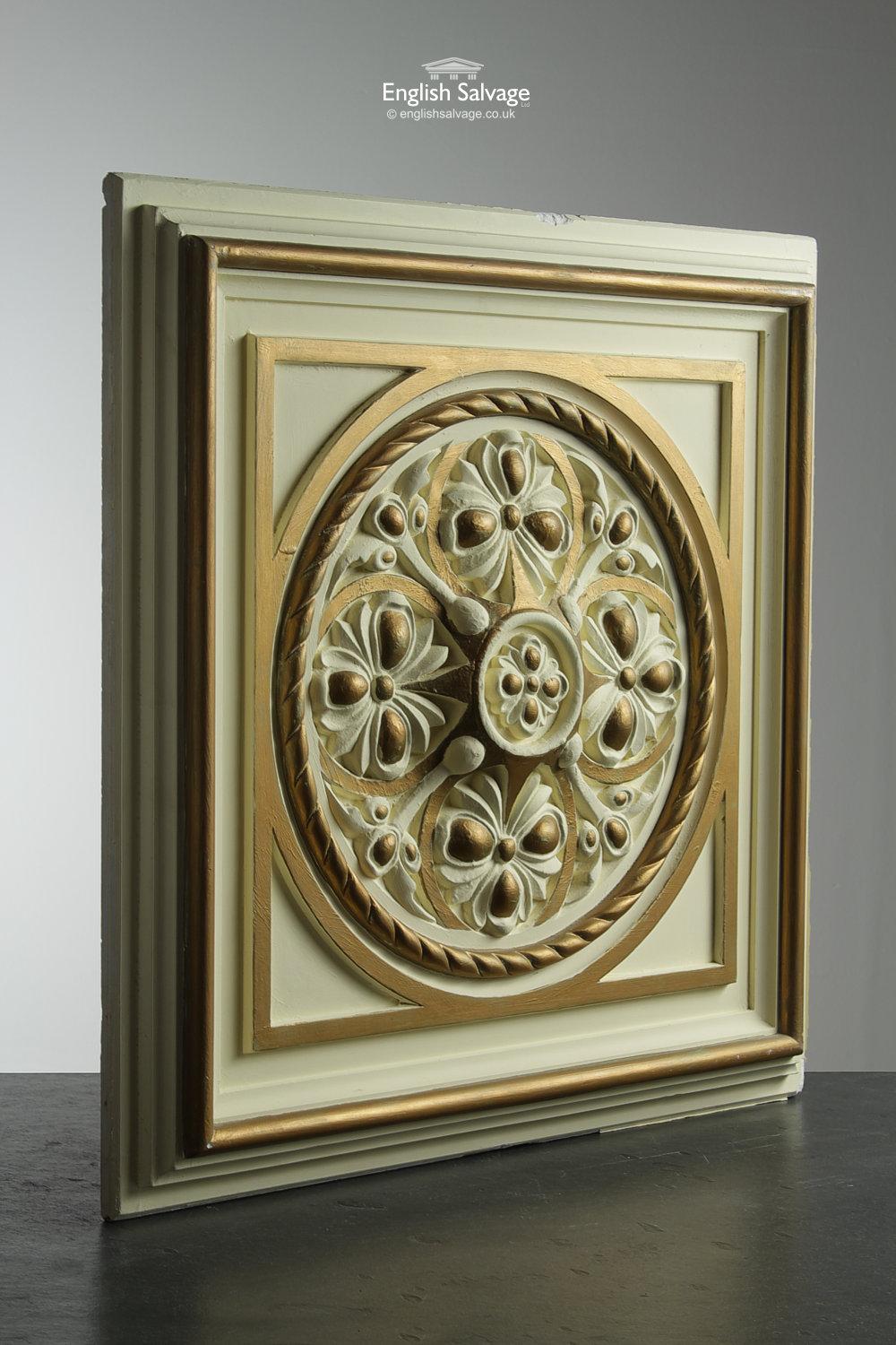 Reclaimed large decorative plaster ceiling tiles / panels. The cream colored tiles feature repeated quatrefoil relief moulding with a circular rope frame and gilt highlights. As shown in the composite example image, these add an element of grandeur