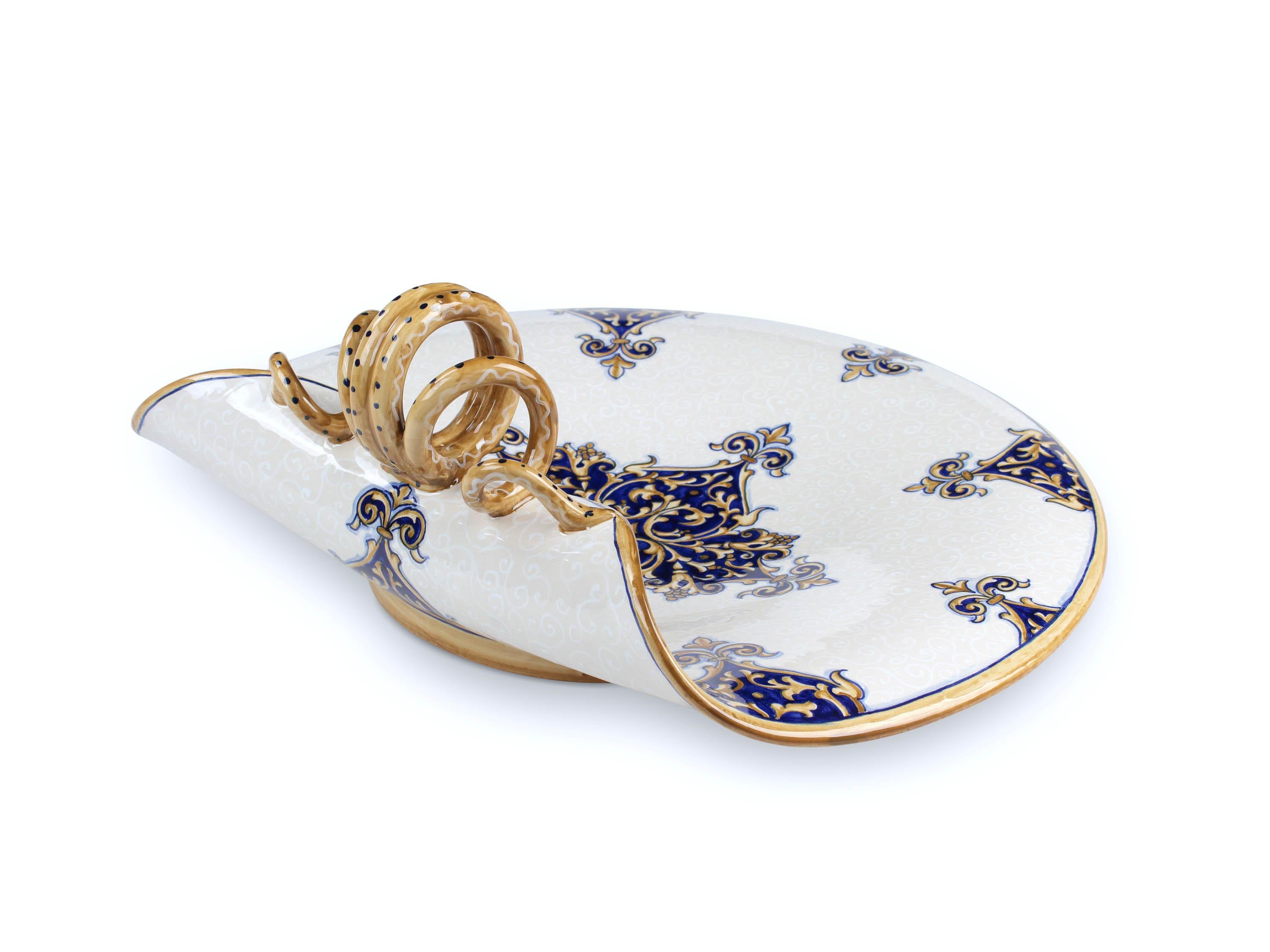 Contemporary Plate Centerpiece Bowl Tray Decorated Ornament Majolica Blue White Deruta Italy For Sale
