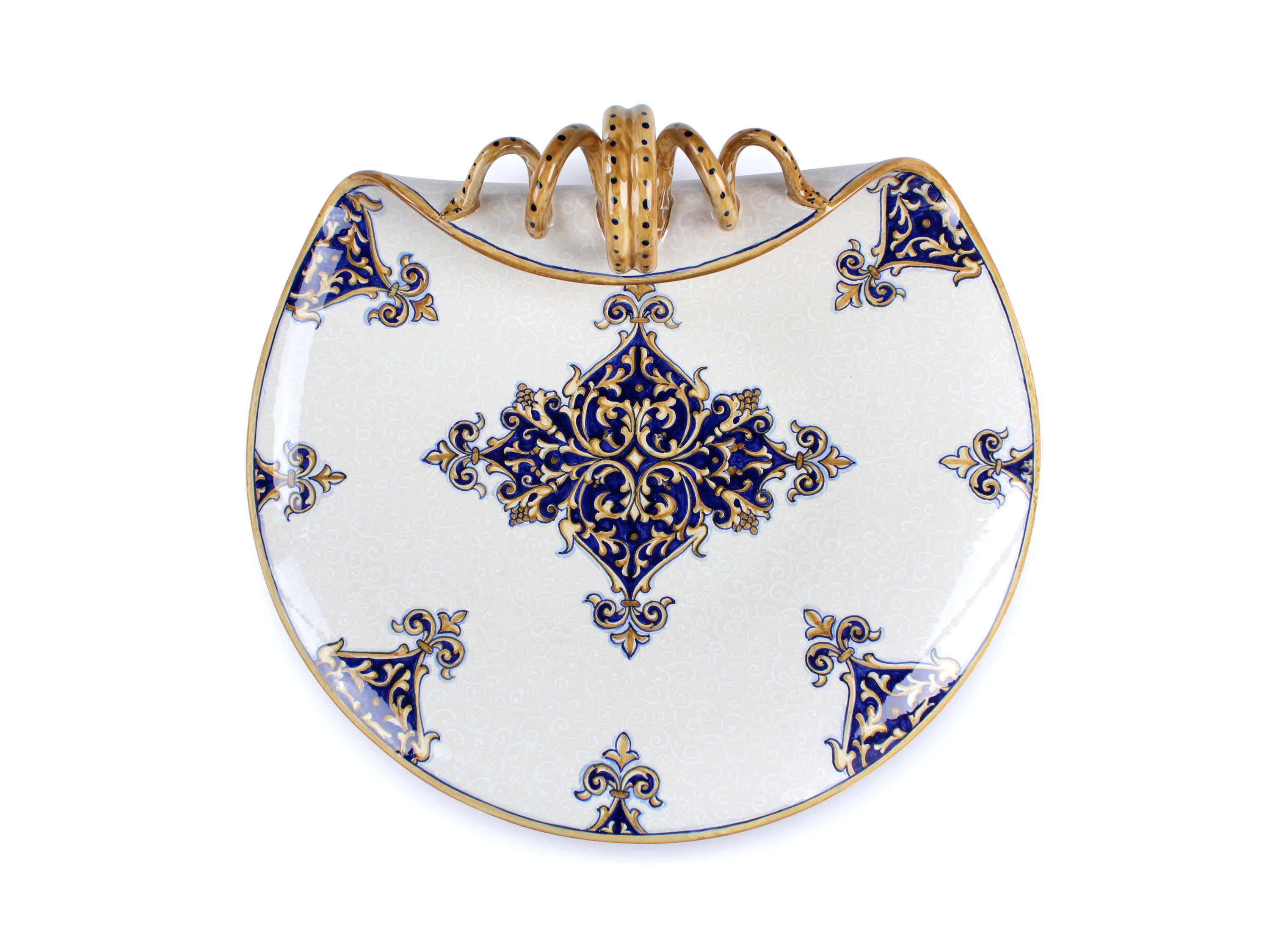 Modern Plate Centerpiece Bowl Tray Decorated Ornament Majolica Blue White Deruta Italy For Sale
