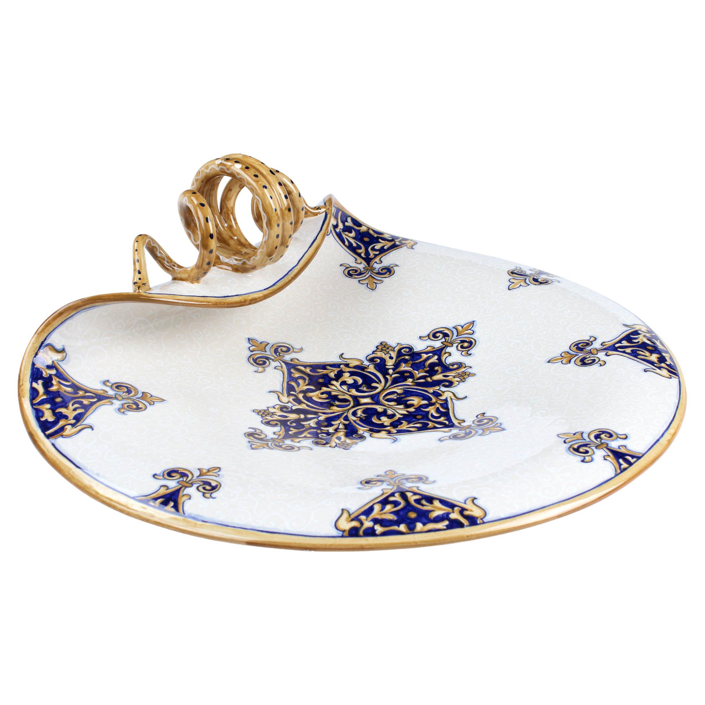 Plate Centerpiece Bowl Tray Decorated Ornament Majolica Blue White Deruta Italy