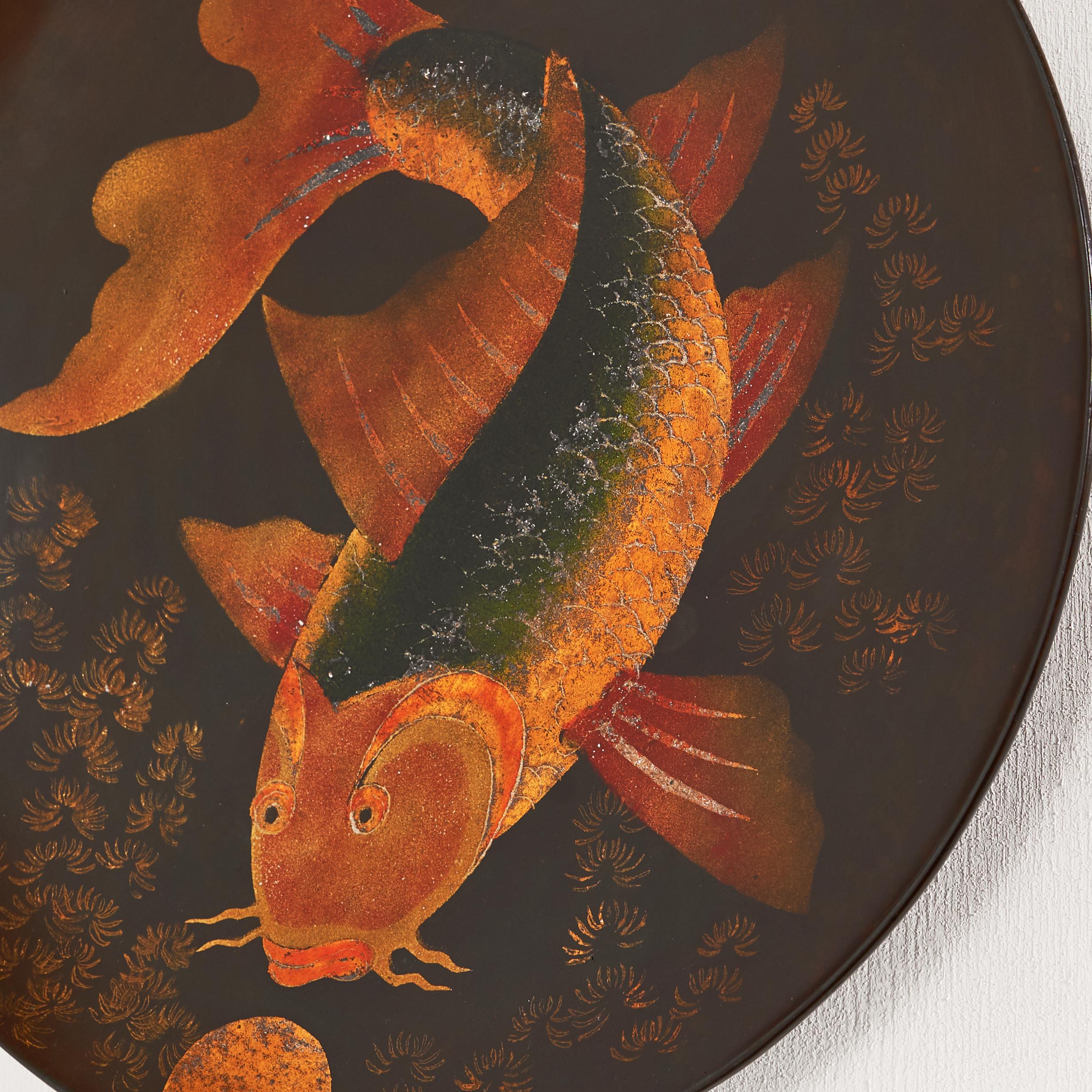 Decorative Plate in Wood with Japanese Fish Decor For Sale at 1stDibs