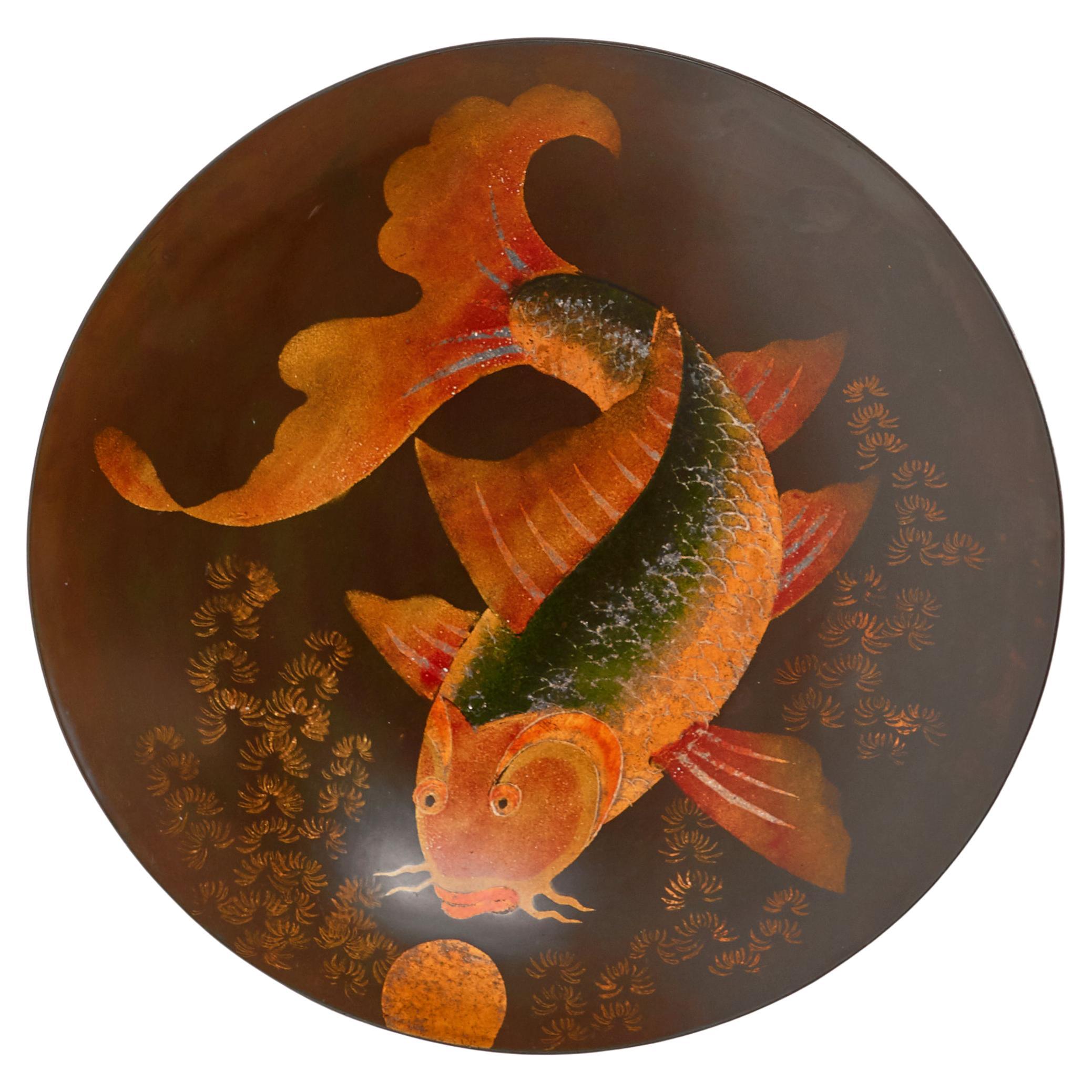Decorative Plate in Wood with Japanese Fish Decor