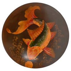 Vintage Decorative Plate in Wood with Japanese Fish Decor