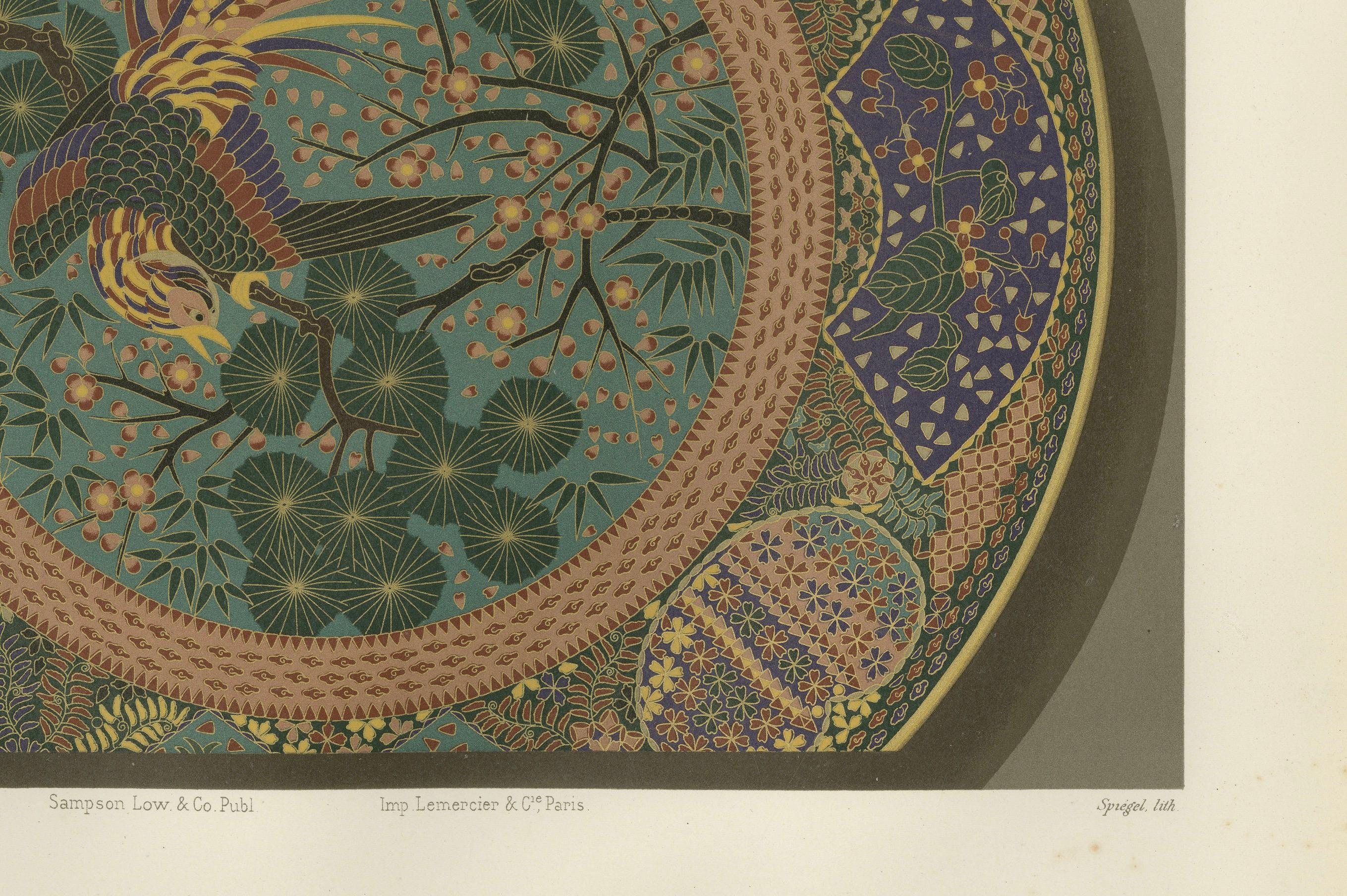 Title: Decorative Plate with Phoenix and Floral Motifs – Plate XI from Section VII  

Description: This stunning print, Plate XI from Section VII of G. A. Audsley's exploration of Japanese art, features a vibrant phoenix amidst blooming cherry