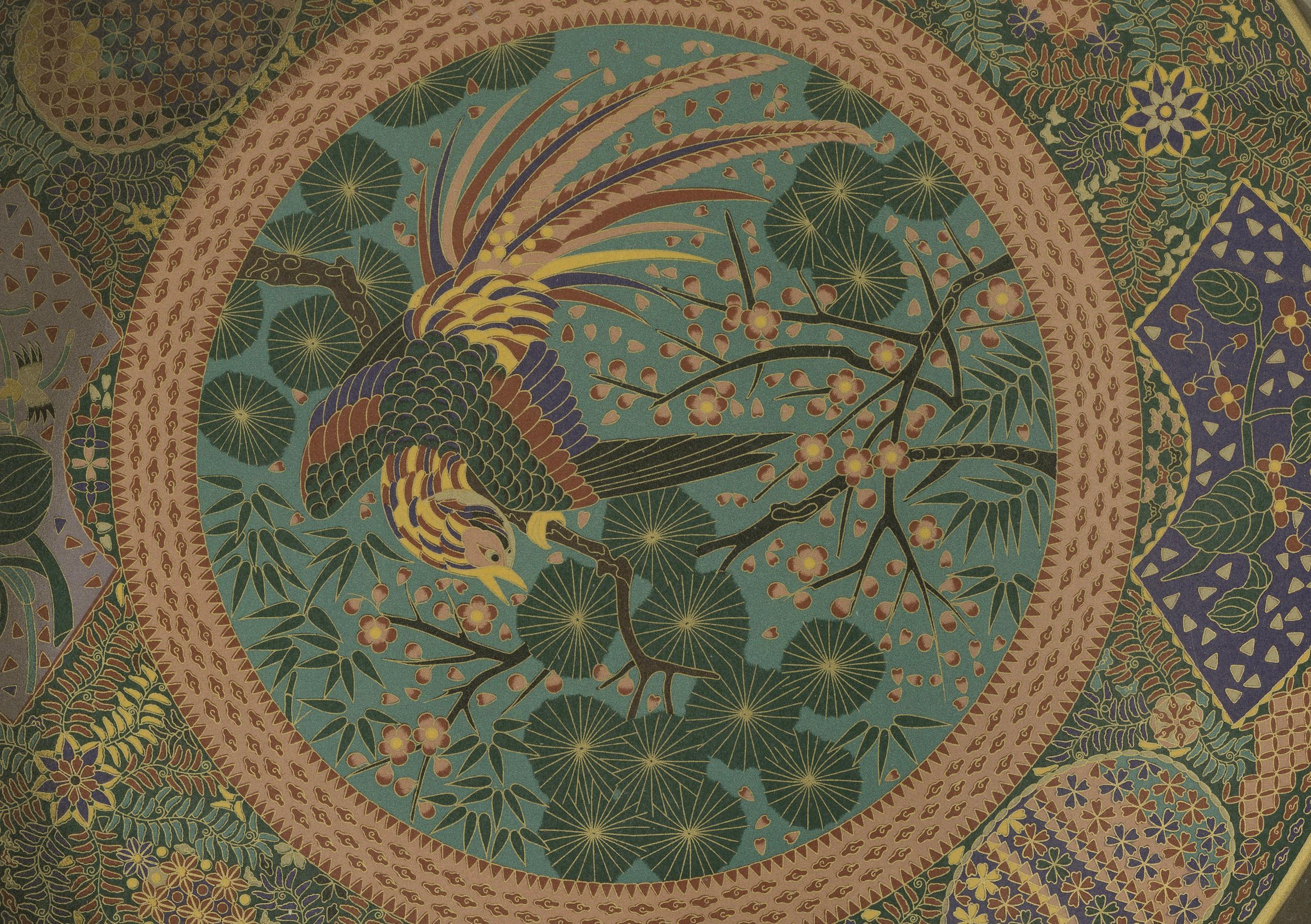 Decorative Plate with Phoenix and Floral Motifs - Japanese Art by Audsley, 1884 In Good Condition For Sale In Langweer, NL