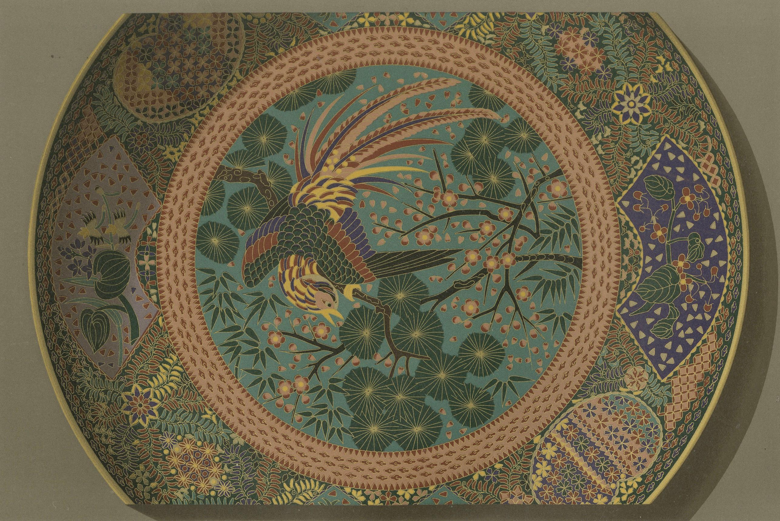 Late 19th Century Decorative Plate with Phoenix and Floral Motifs - Japanese Art by Audsley, 1884 For Sale