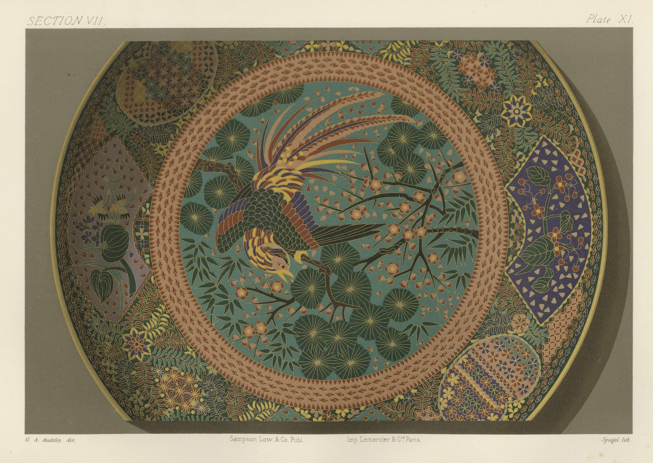 Paper Decorative Plate with Phoenix and Floral Motifs - Japanese Art by Audsley, 1884 For Sale
