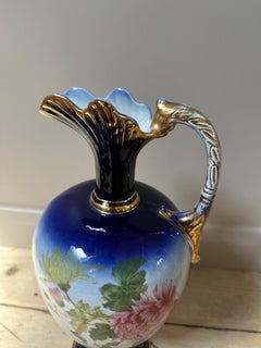 Decorative Porcelain Blue and Gilded Tall Pitcher, Pink Floral C. 1900