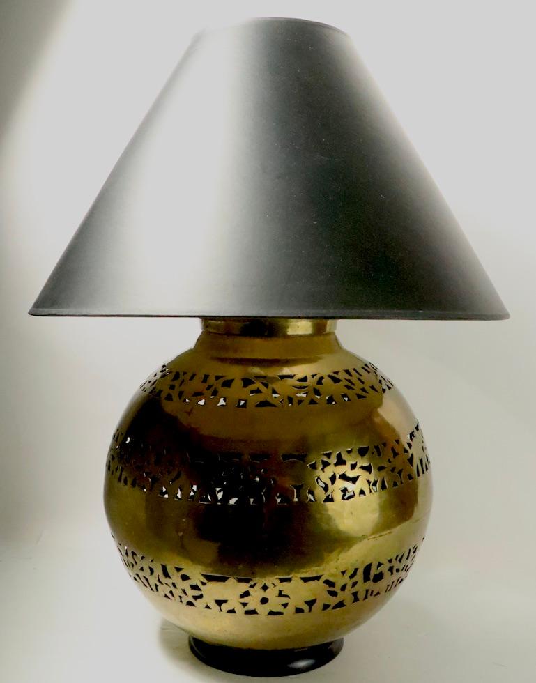 Hollywood Regency Decorative Pair of Pierced Brass Ball Form Table Lamps