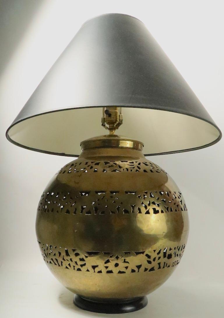 Indian Decorative Pair of Pierced Brass Ball Form Table Lamps