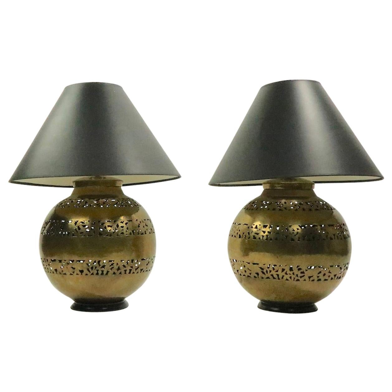 Decorative Pair of Pierced Brass Ball Form Table Lamps