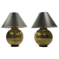 Vintage Decorative Pair of Pierced Brass Ball Form Table Lamps