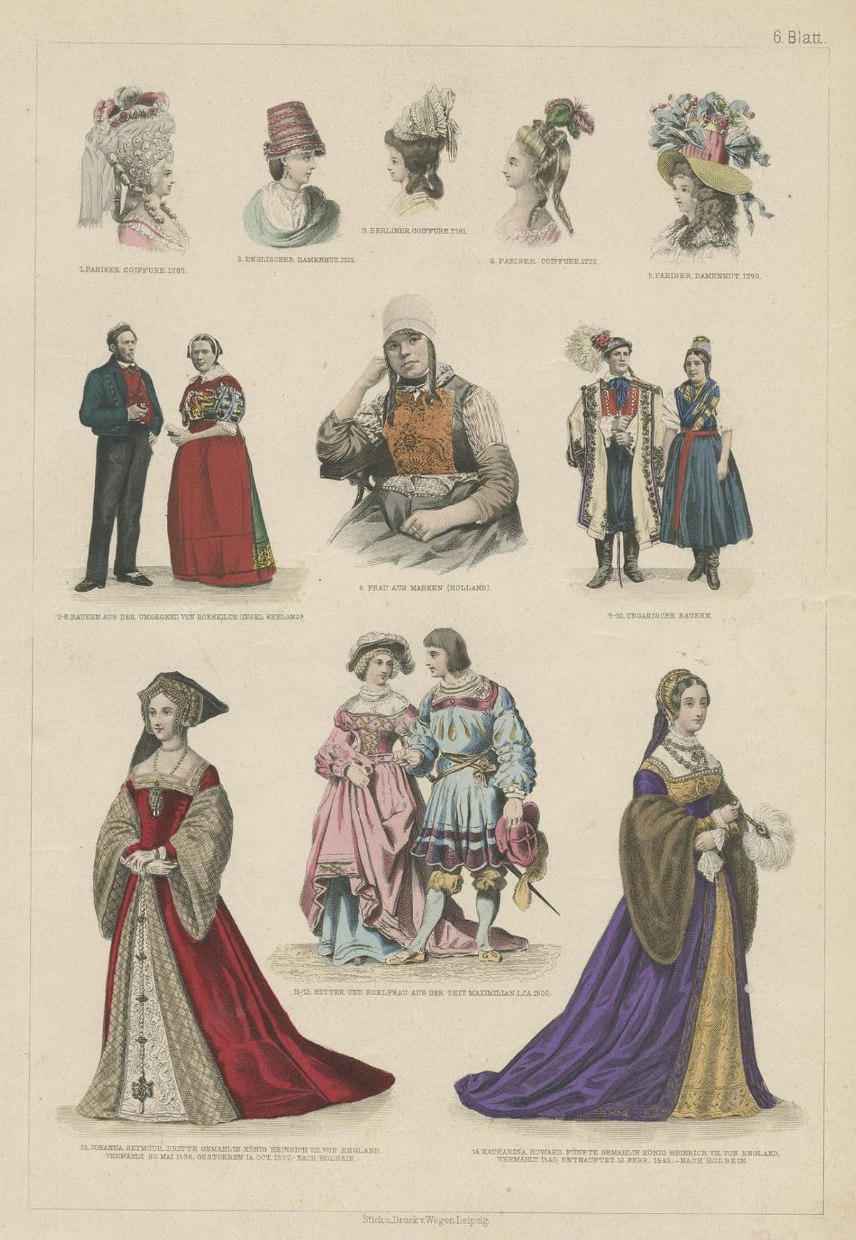 Decorative Print of Costumes of Hungary, England, Germany Holland Etc., C.1875