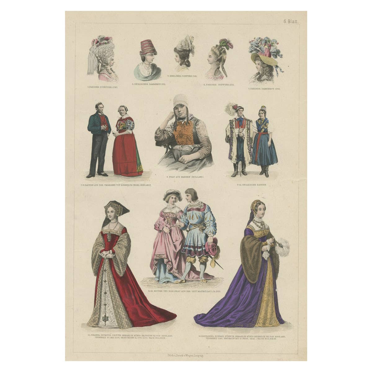 Decorative Print of Costumes of Hungary, England, Germany Holland Etc., C.1875