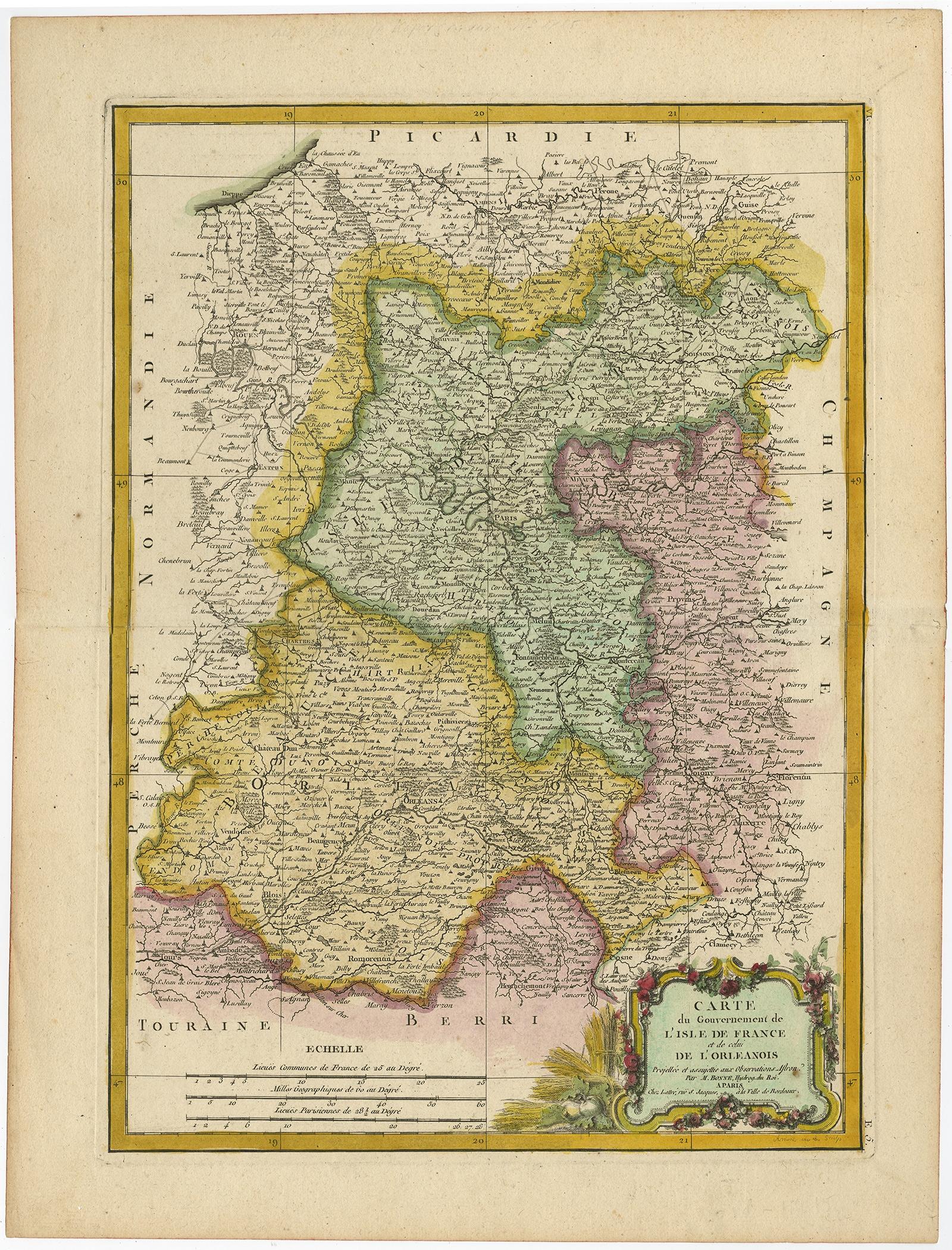 Antique map titled 'Carte du Gouvernment de L'Isle de France et de edlui de L'Orleanois (..).' 

A fine example of Rigobert Bonne's c. 1780 decorative map of the French regions of Isle de France and Orleans. Covers the region in full from Picardie
