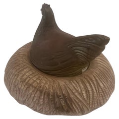 Decorative Rare Patinated Brass on Wood Hen Sculpture by Sarreid LTD