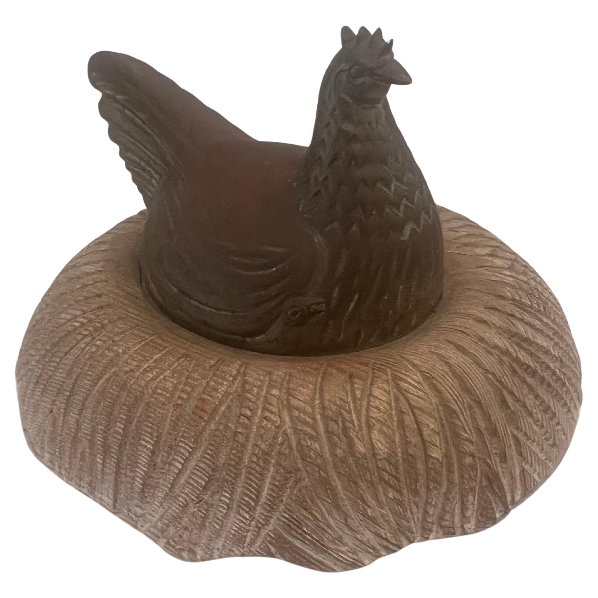 Decorative Rare Patinated Brass on Wood Hen Sculpture by Sarreid LTD In Good Condition For Sale In San Diego, CA