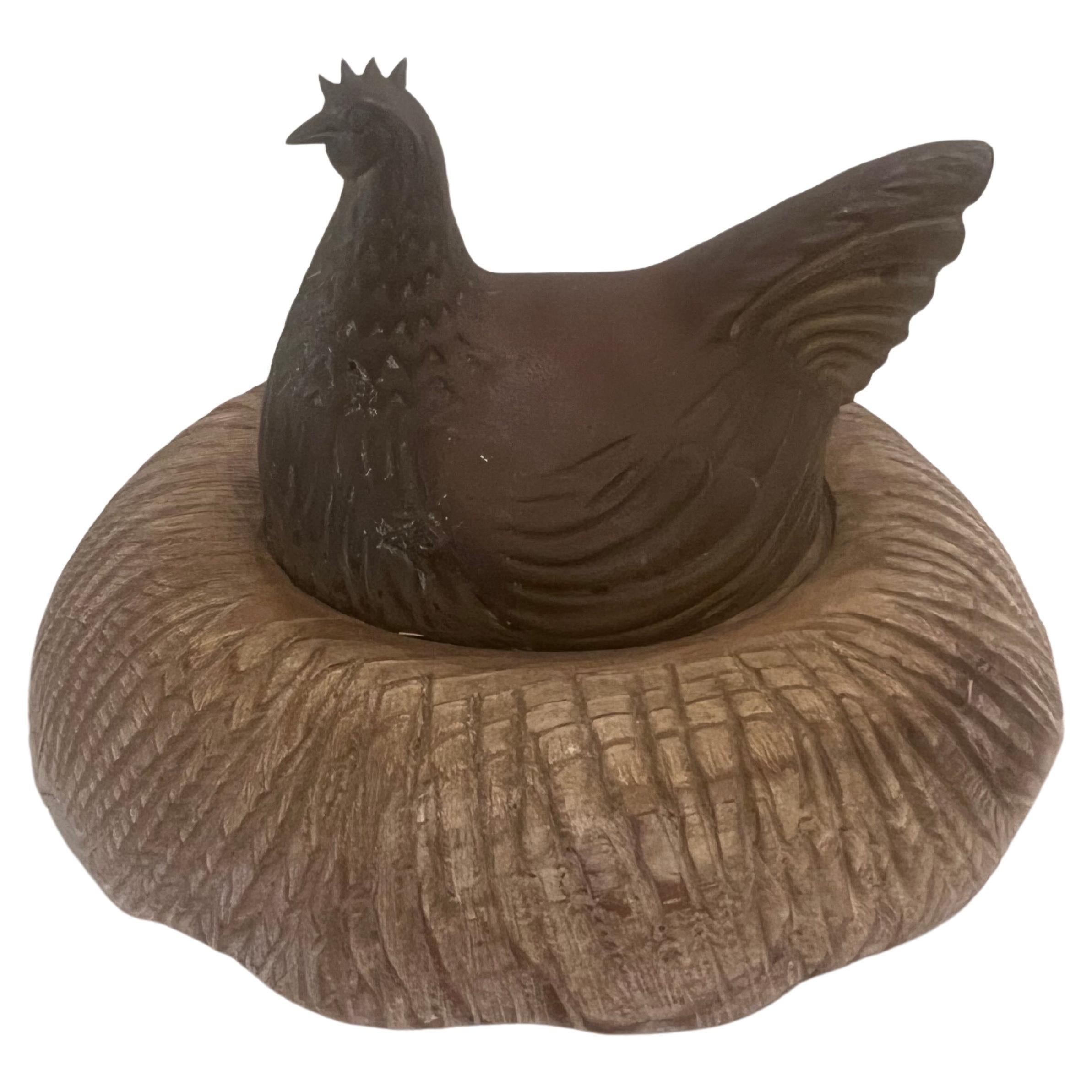 Decorative Rare Patinated Brass on Wood Hen Sculpture by Sarreid LTD