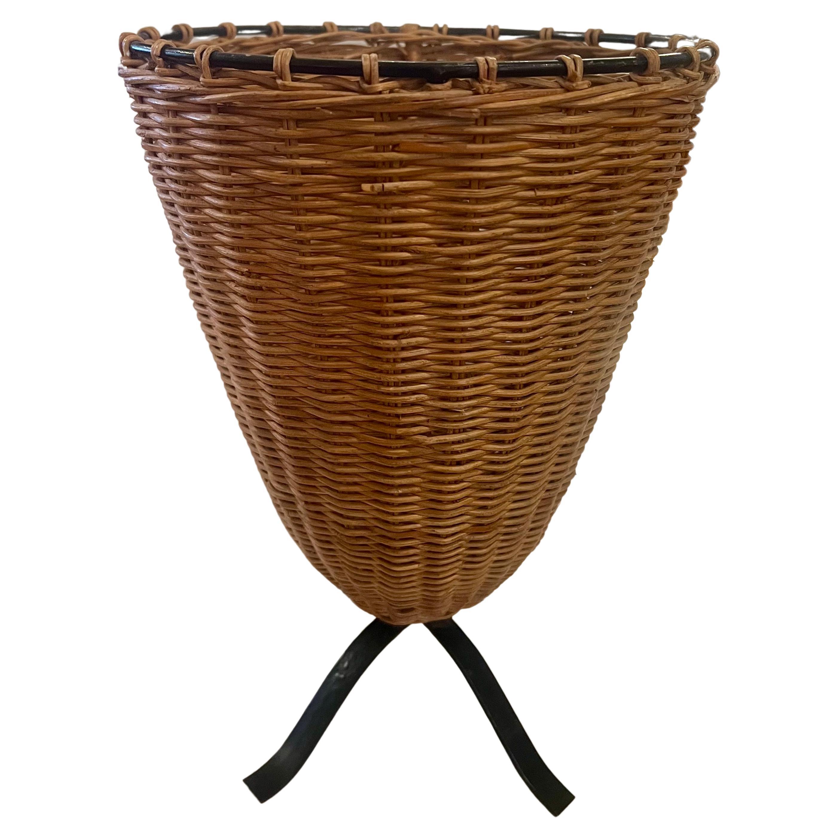 Country Decorative Rattan & Iron Basket Planter Tall Vase For Sale