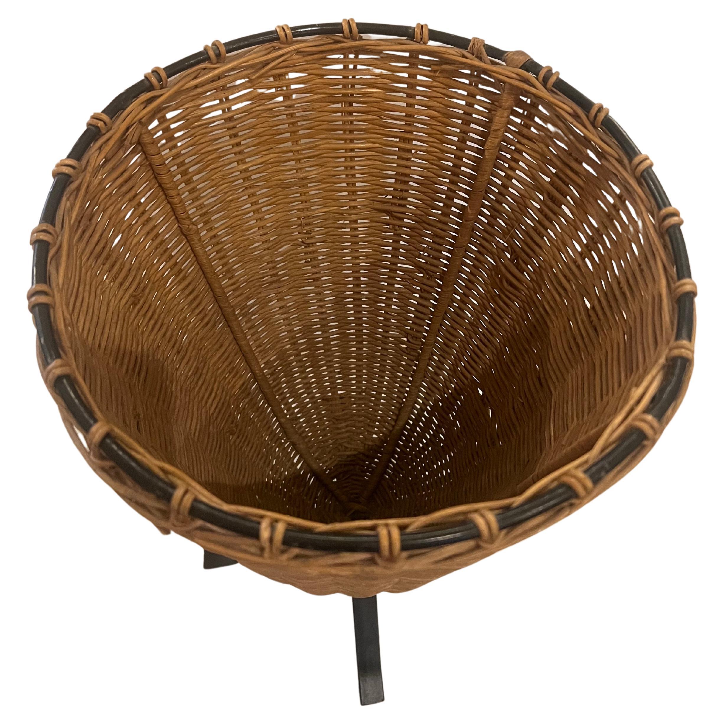 Woven Decorative Rattan & Iron Basket Planter Tall Vase For Sale