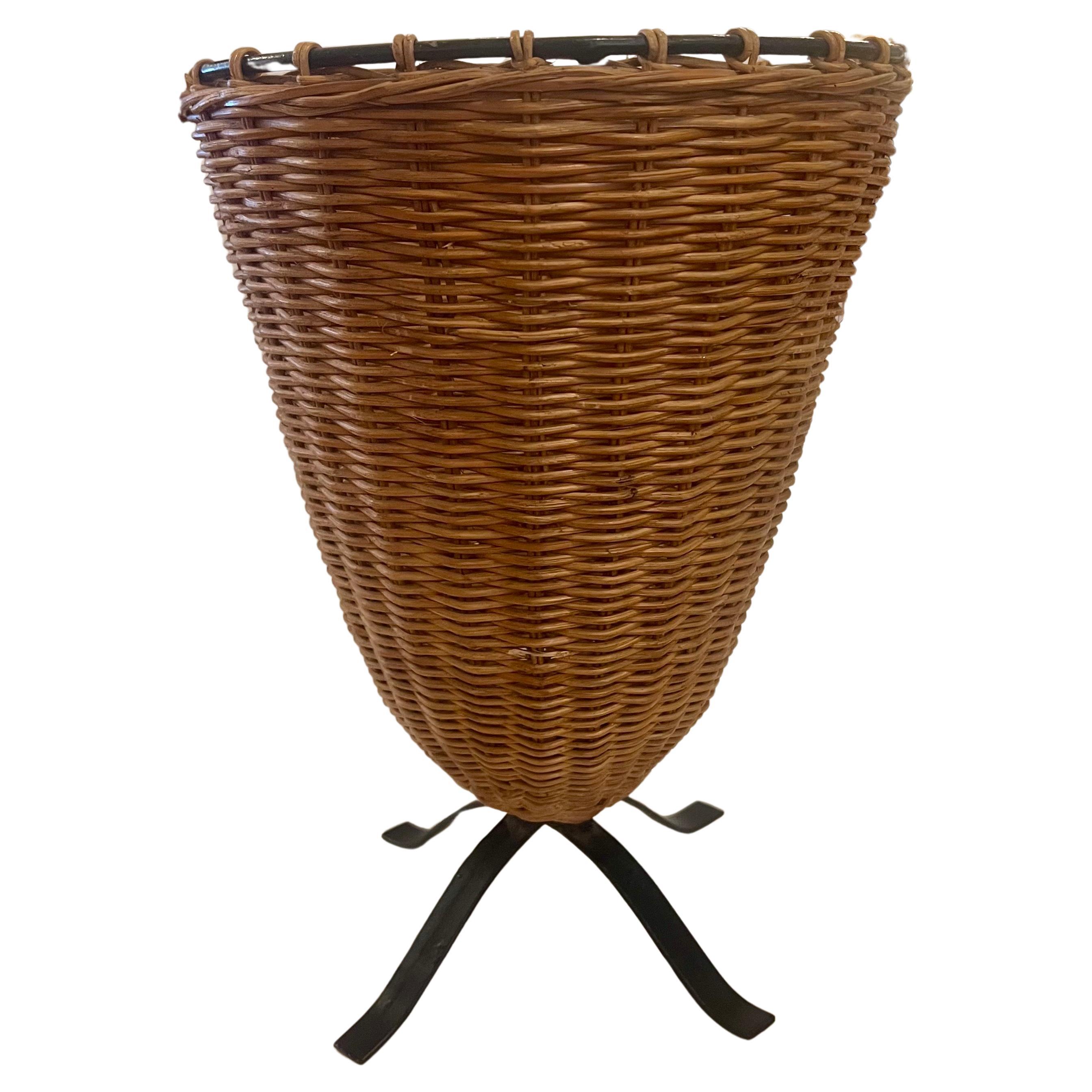 Decorative Rattan & Iron Basket Planter Tall Vase In Good Condition For Sale In San Diego, CA