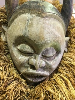 Decorative, Realistic Carved African Folk Art Mask with Horns on Display Stand