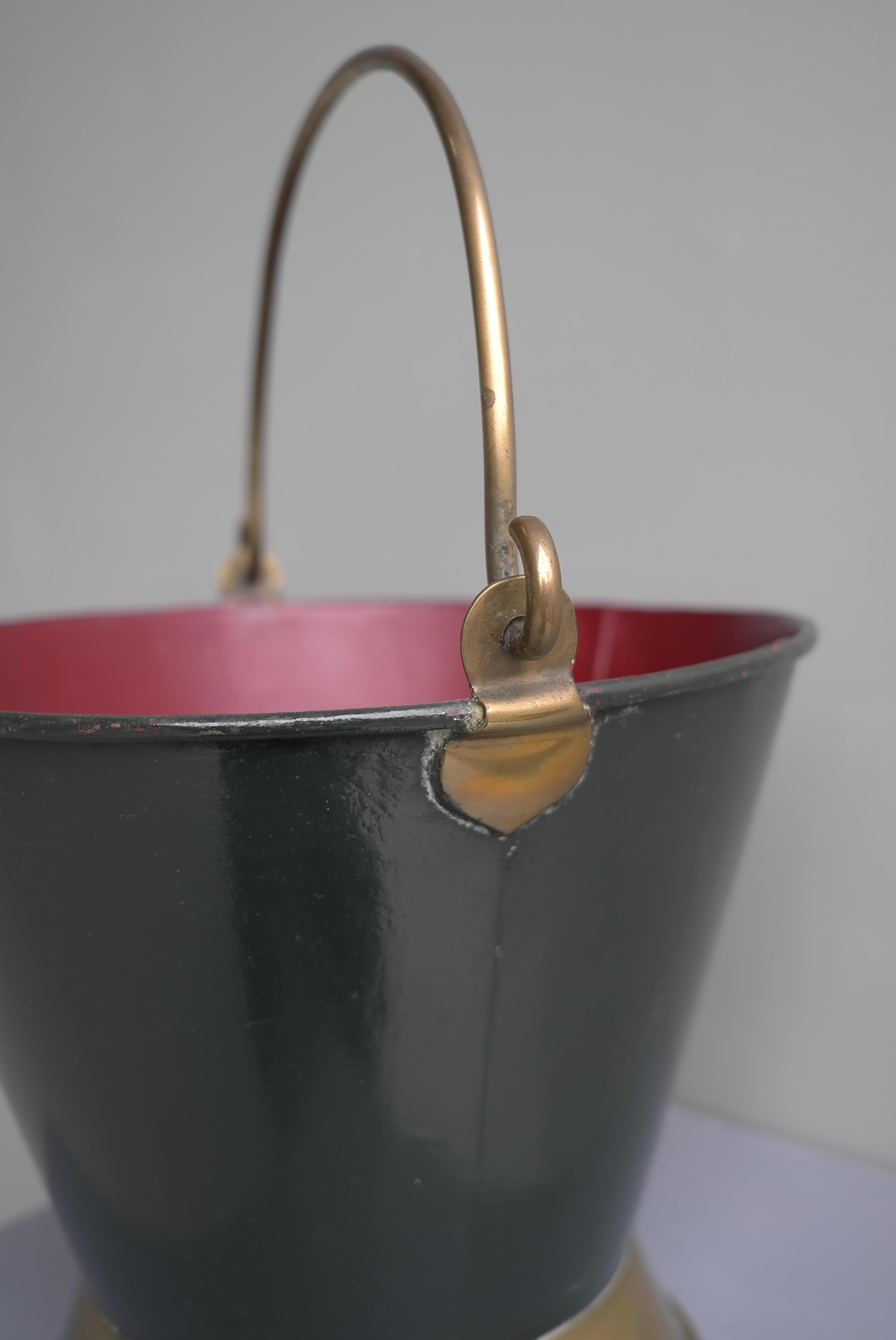 Decorative Red and Green Metal Firewood Bucket with Fine Brass Details 1