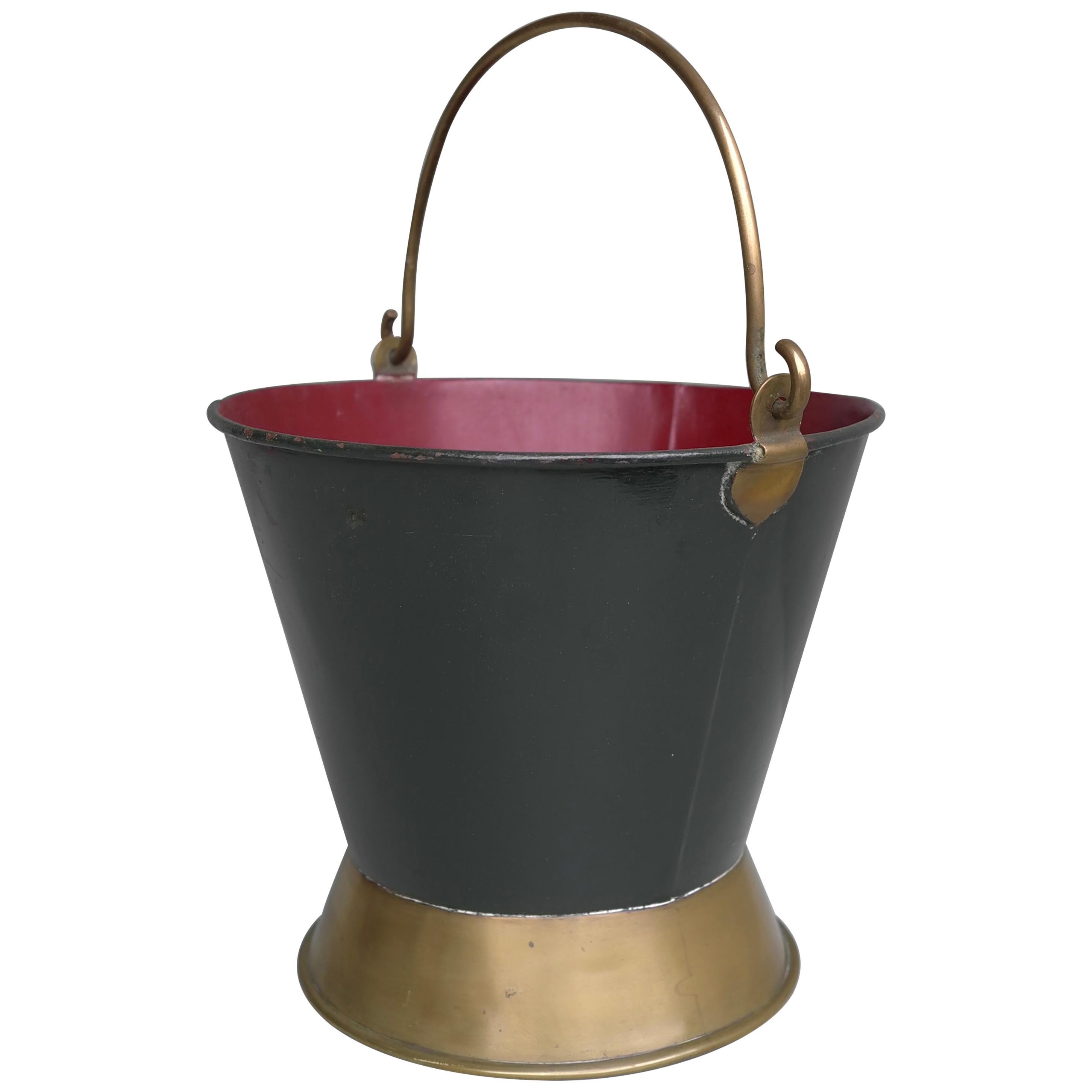 Decorative Red and Green Metal Firewood Bucket with Fine Brass Details