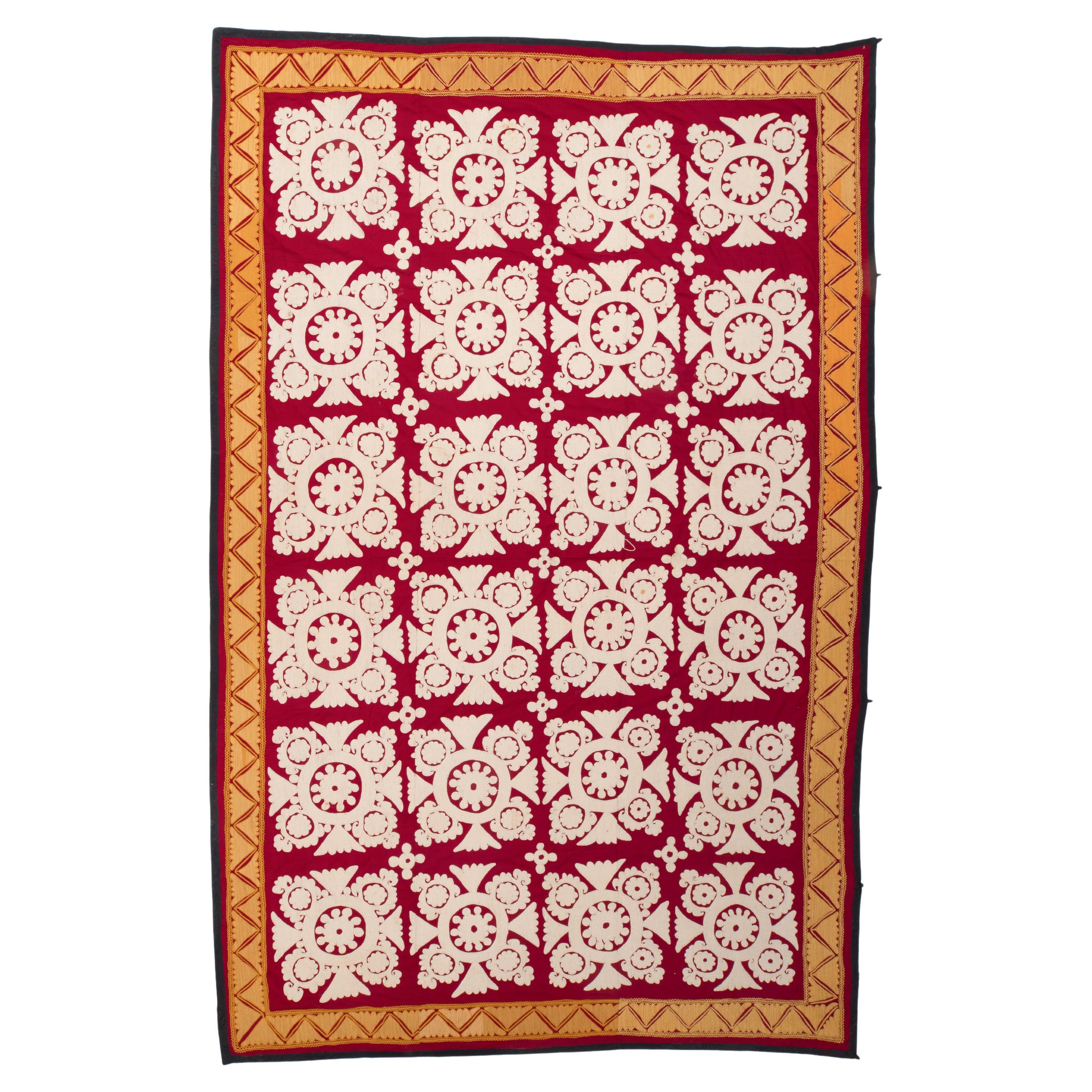 Decorative Red and White Cotton Suzani, Uzbekistan, 1960s For Sale