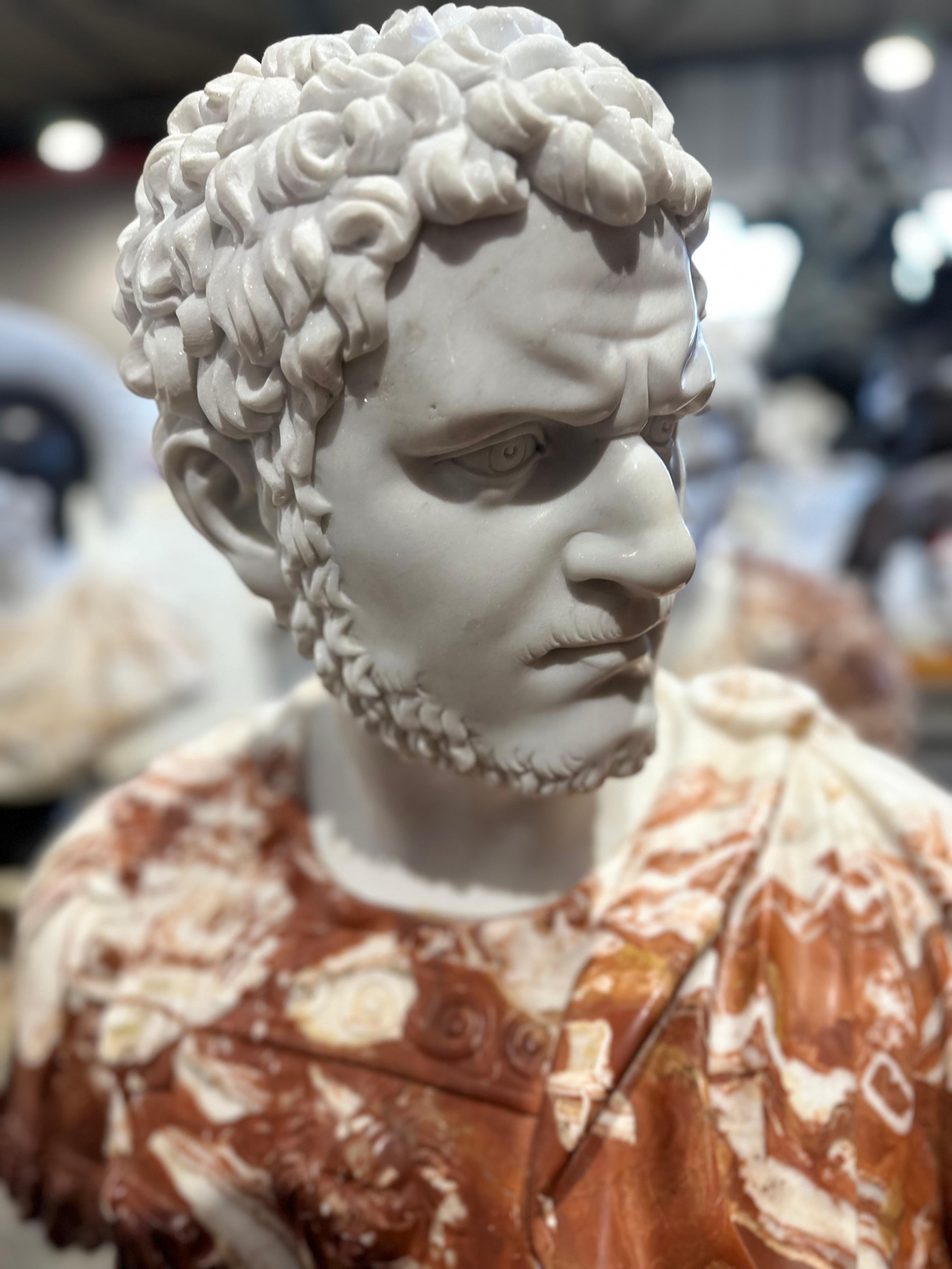 European Decorative Red And White Two Tone Marble Bust In The classical Style For Sale