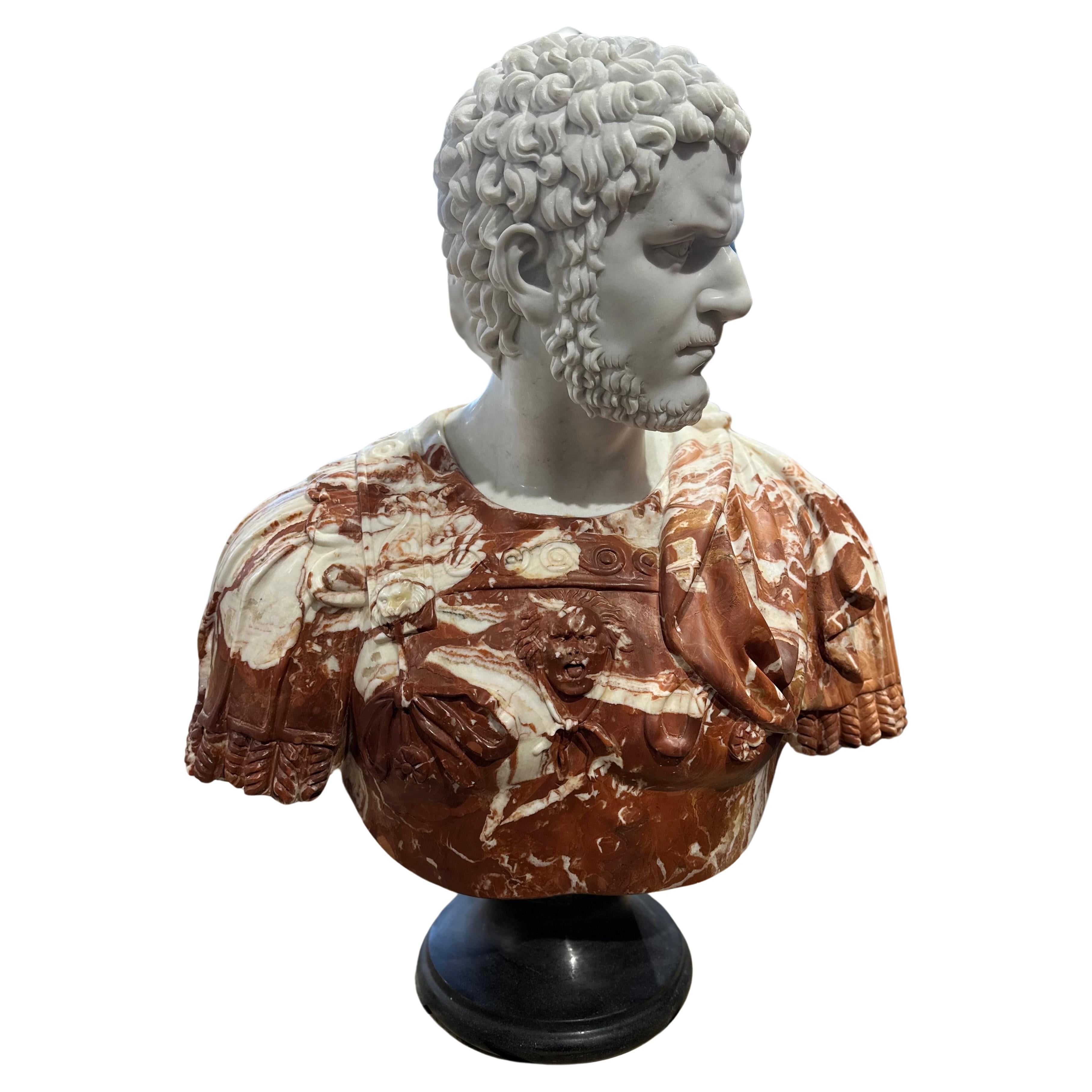 Decorative Red And White Two Tone Marble Bust In The classical Style For Sale