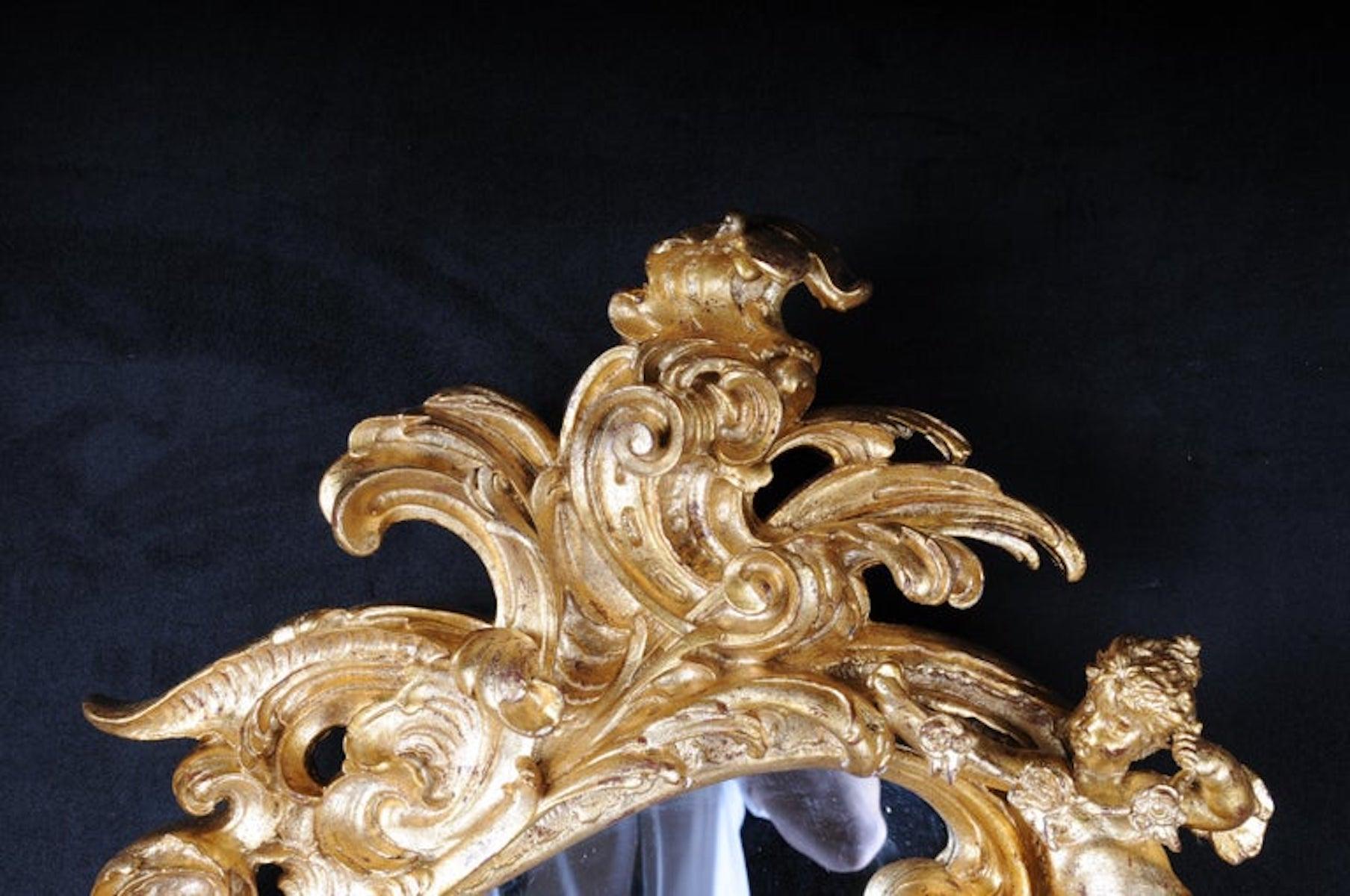 Decorative Rococo / Baroque Wall Mirror with Putti, Gilded For Sale 8