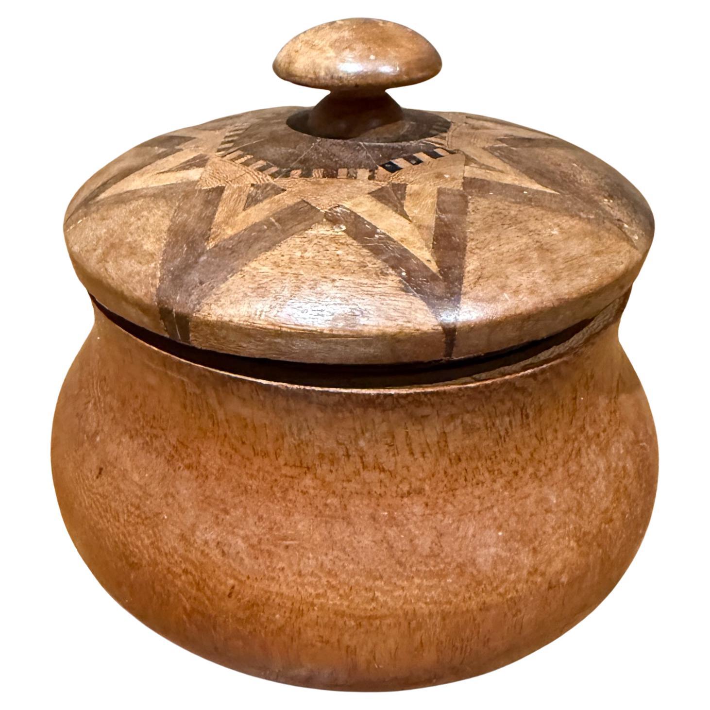 Decorative Round Antique Wooden Lidded Sugar Bowl Box For Sale