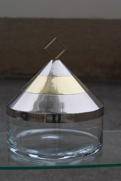 Scatola decorativa rotonda in vetro acciaio ottone dorato Design italiano 1970 Romeo Rega
